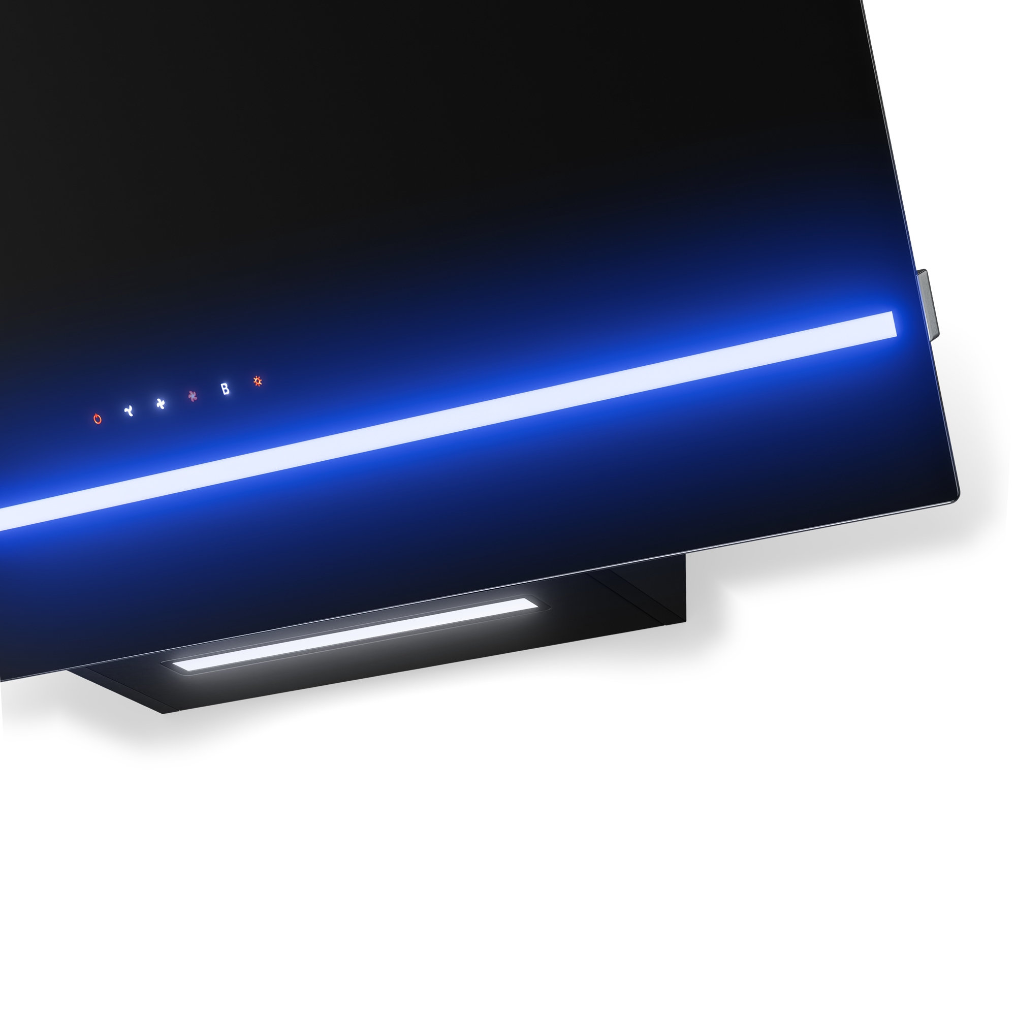 Campana extractora negra con tira de luz LED azul y panel táctil sobre fondo blanco.