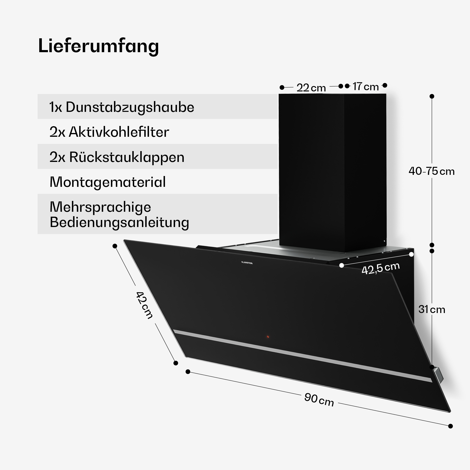 Campana extractora negra con dimensiones y lista de entrega sobre fondo blanco.