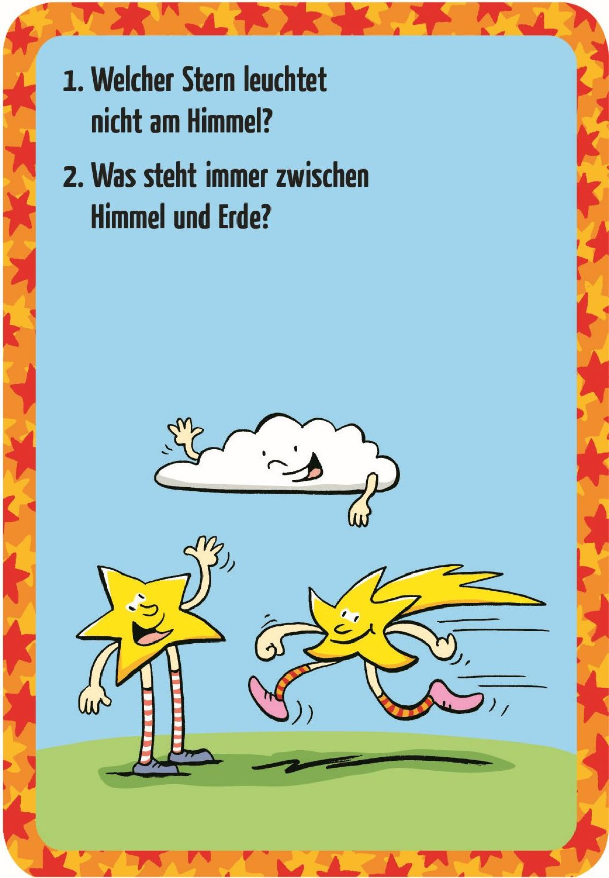 Eine Kinderkarte mit zwei Rätselfragen, einer Wolke und zwei lustigen Sternen auf grünem Boden.