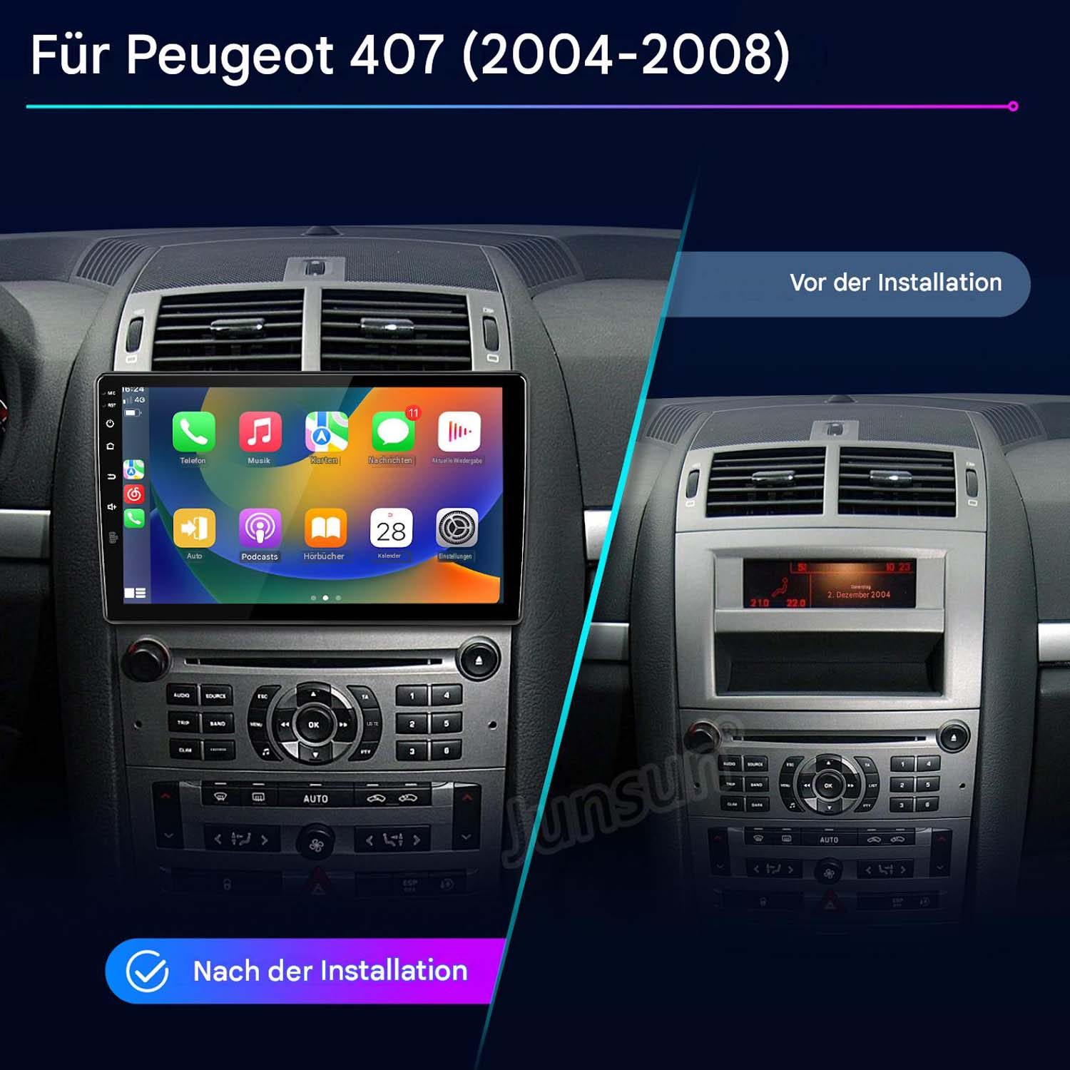 Vergleich Peugeot 407 Armaturenbrett vor und nach dem Einbau eines modernen Touchscreen-Navigationssystems.