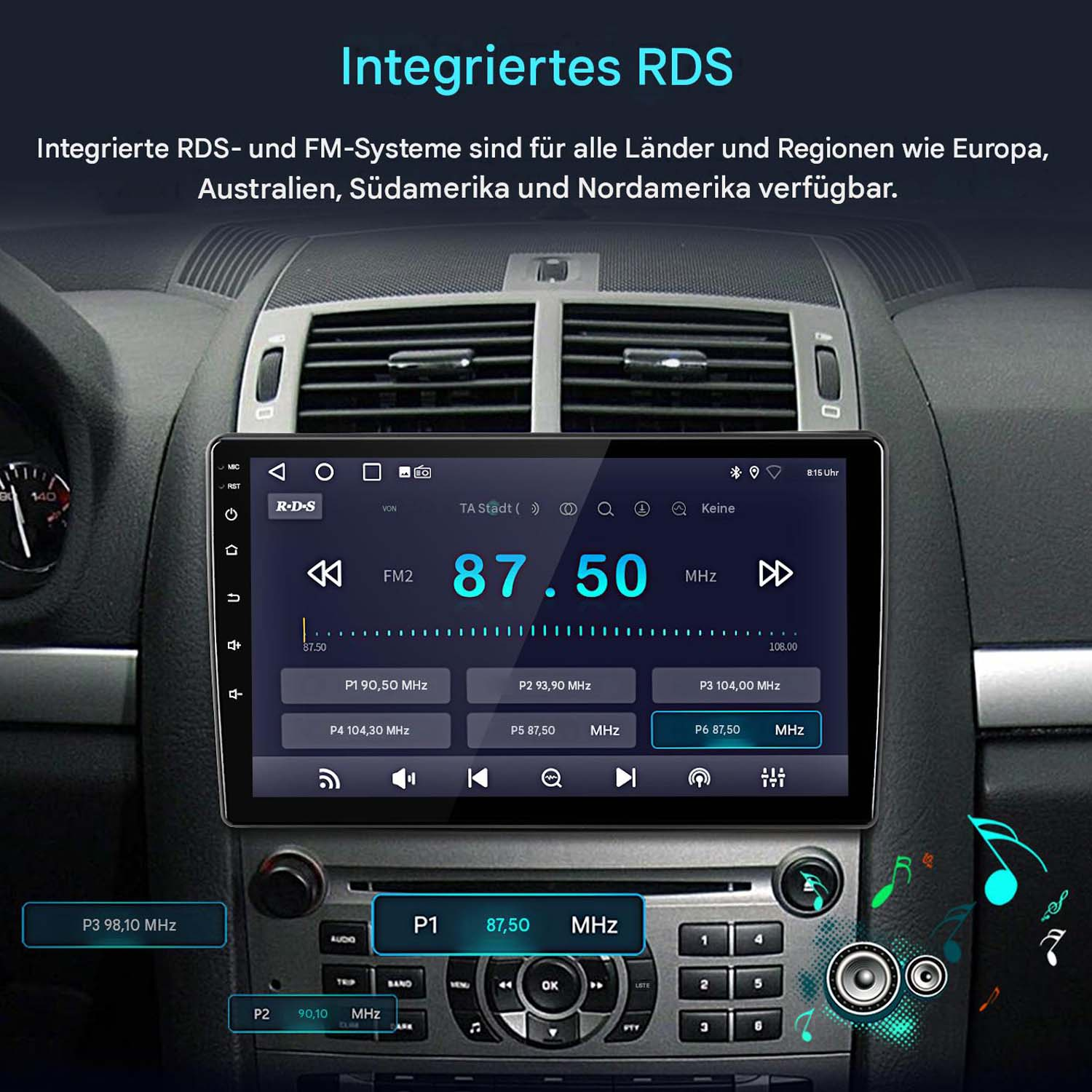 Ein Autoinnenraum mit einem modernen Touchscreen-Radio, das die FM-Frequenz 87,50 MHz und RDS anzeigt.