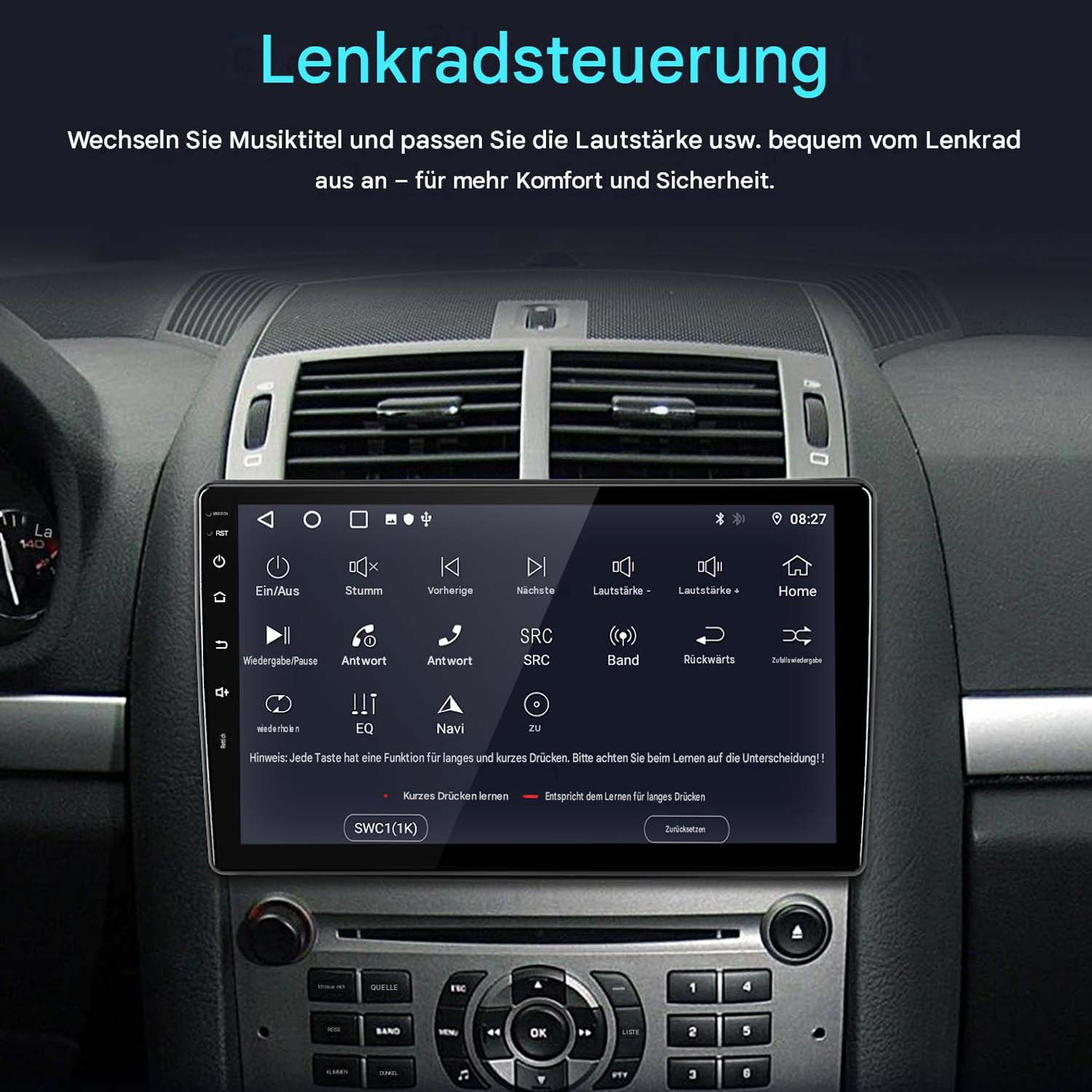 Autoinnenraum mit einem großen Touchscreen-Display in der Mittelkonsole für die Lenkradsteuerung.