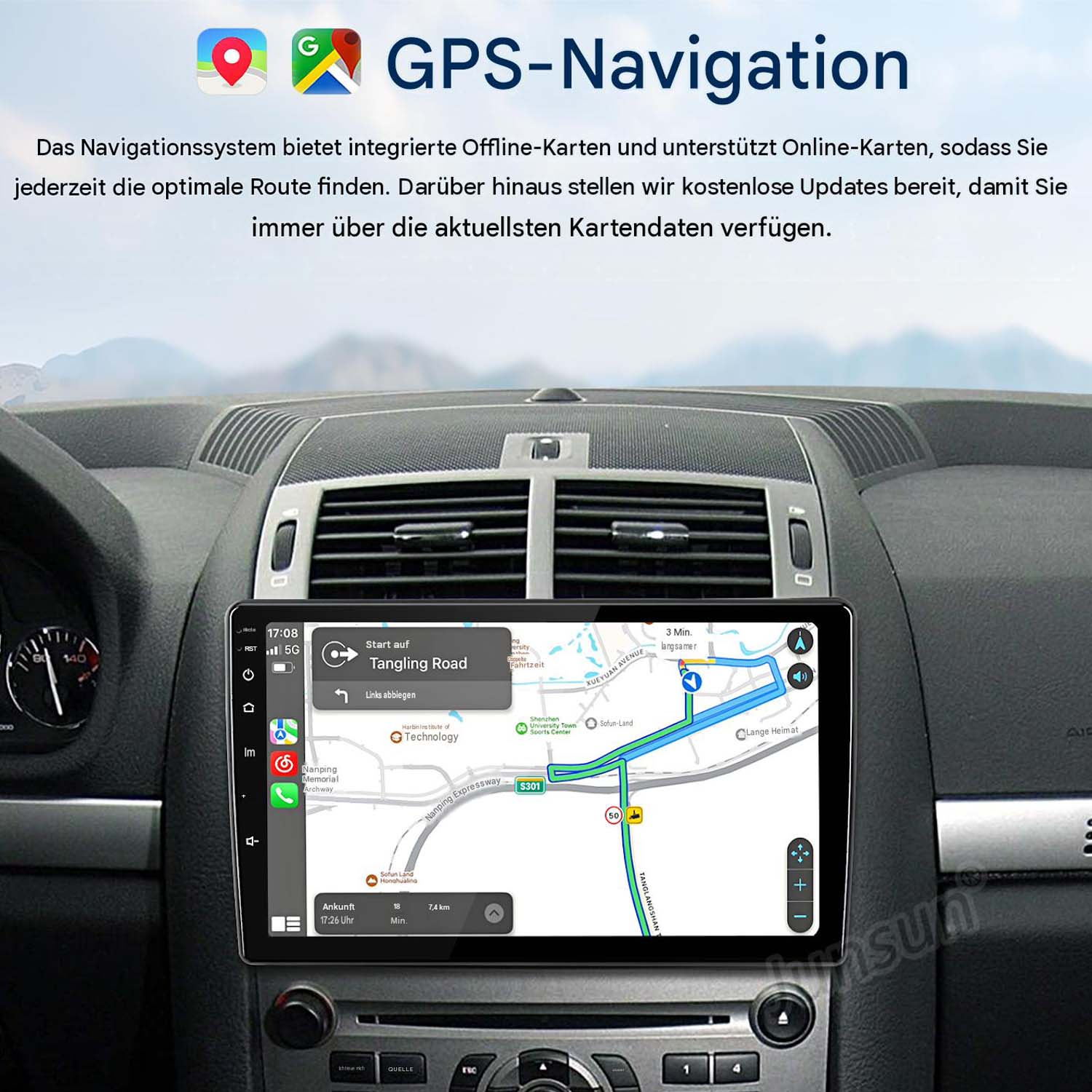 GPS-Navigation auf dem Bildschirm im Auto, mit blauer Route und Straßennamen.