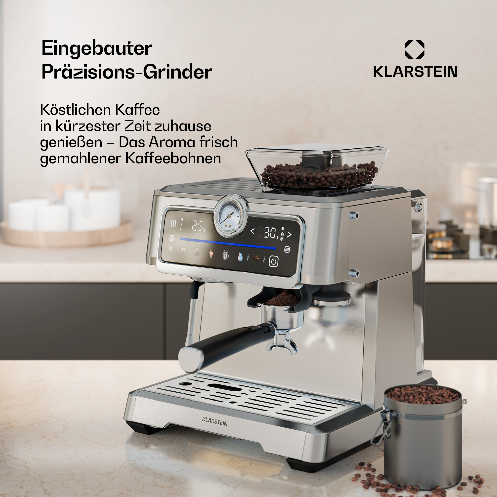 Cafetera expreso de acero inoxidable con molinillo integrado y pantalla digital en una encimera.