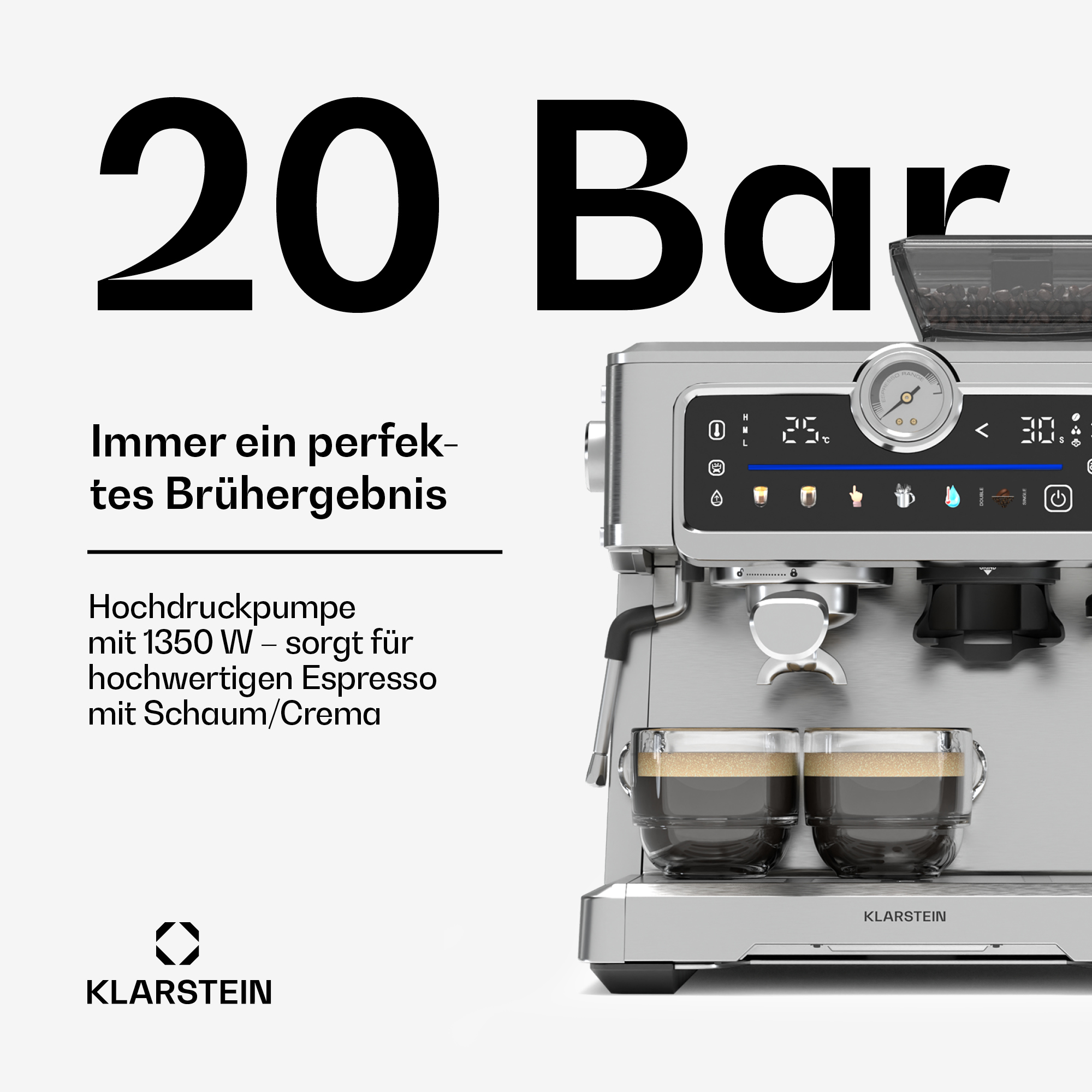 Cafetera espresso Klarstein con 20 bares de presión, pantalla táctil y dos vasos llenos en la bandeja.