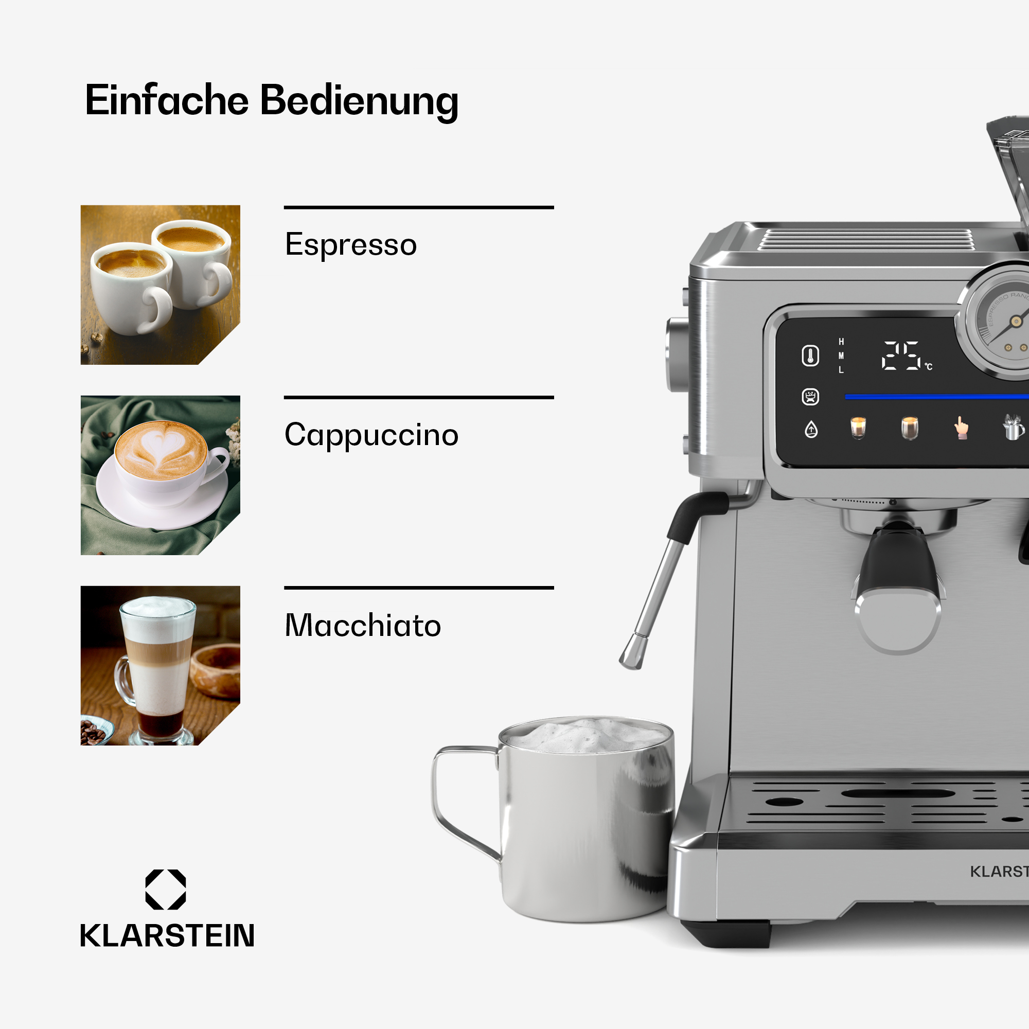 Cafetera Klarstein con pantalla digital, varilla de vapor e imágenes de espresso, capuchino y macchiato.