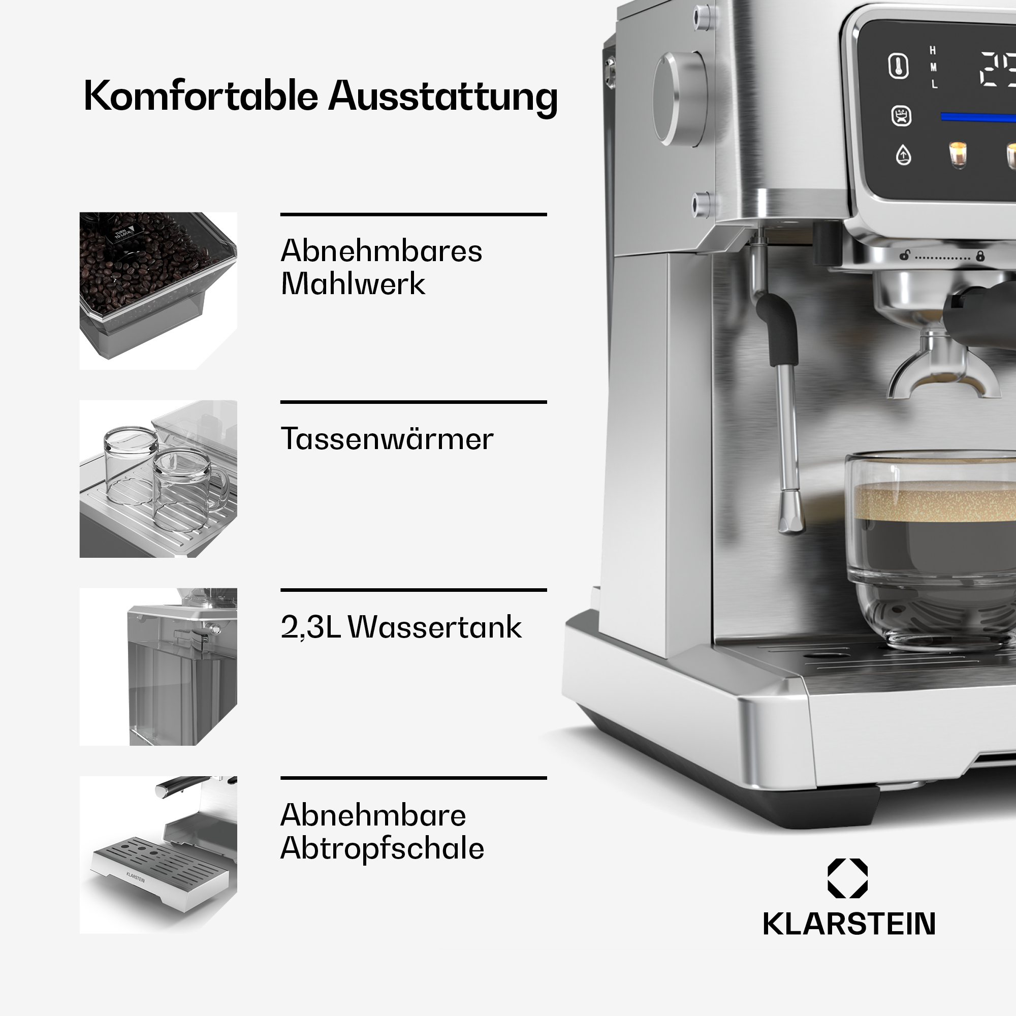 Cafetera espresso Klarstein con molinillo extraíble, calientatazas, depósito de agua y bandeja.