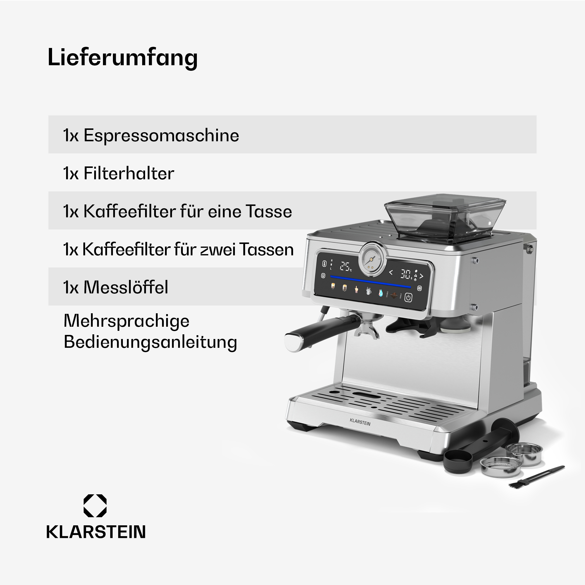La entrega incluye cafetera exprés, portafiltro, filtros, cuchara medidora y manual.