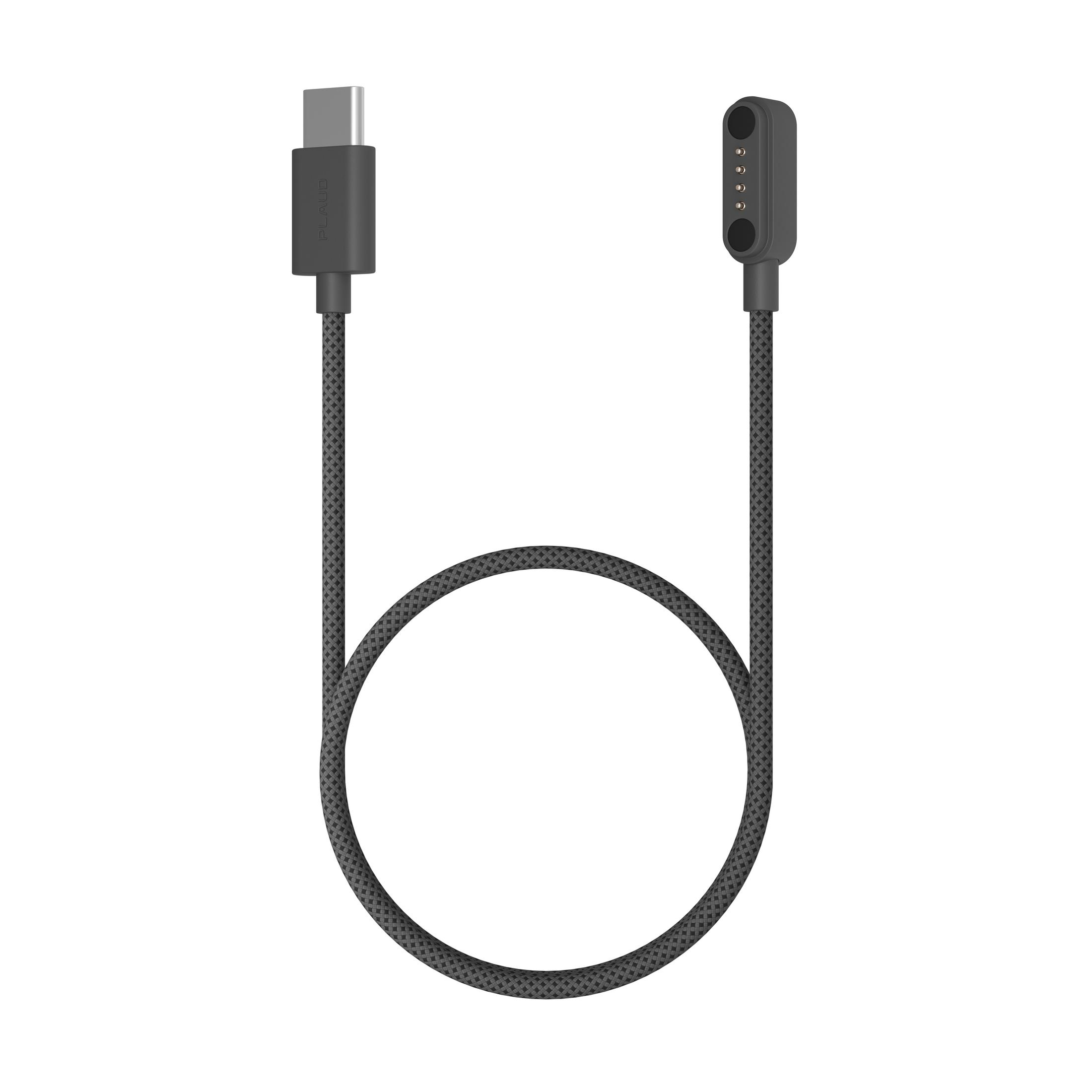 Ein graues geflochtenes USB-C-Kabel mit einem magnetischen Ladeadapter auf einem weißen Hintergrund.