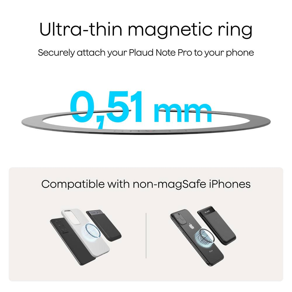 Ein ultradünner 0,51 mm Magnetring zur Befestigung eines Plaud Note Pro an Nicht-MagSafe-iPhones.