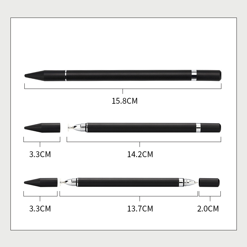 Drie diagrammen tonen een zwarte styluspen met afmetingen: 15,8 cm totale lengte, losse onderdelen van 3,3 cm, 14,2 cm en 2,0 cm.