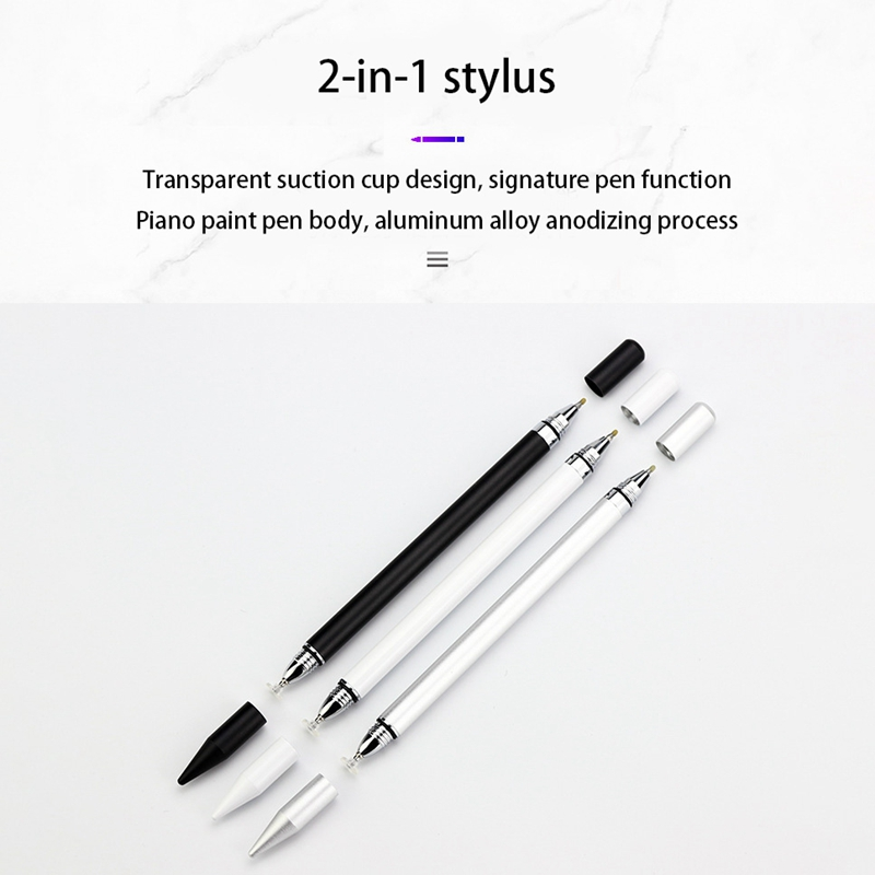 Drie 2-in-1 styluspenne in zwart, wit en zilver met losse doppen op een lichte achtergrond.