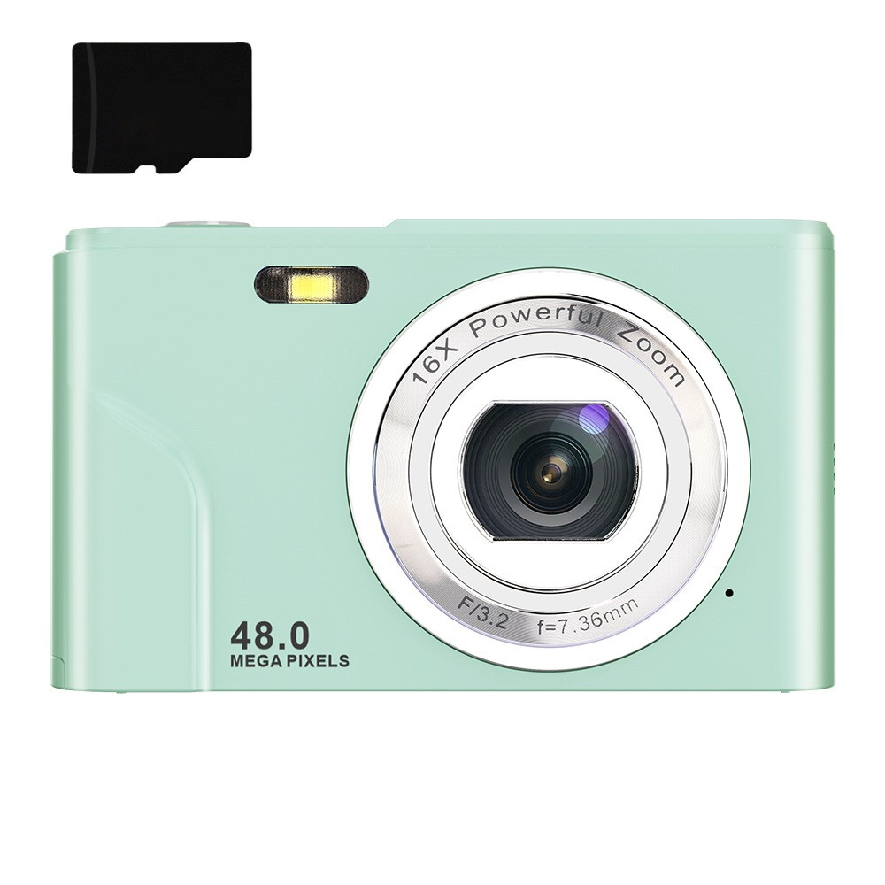 A mint green digital camera with a large lens and a black memory card floating above against a white background.