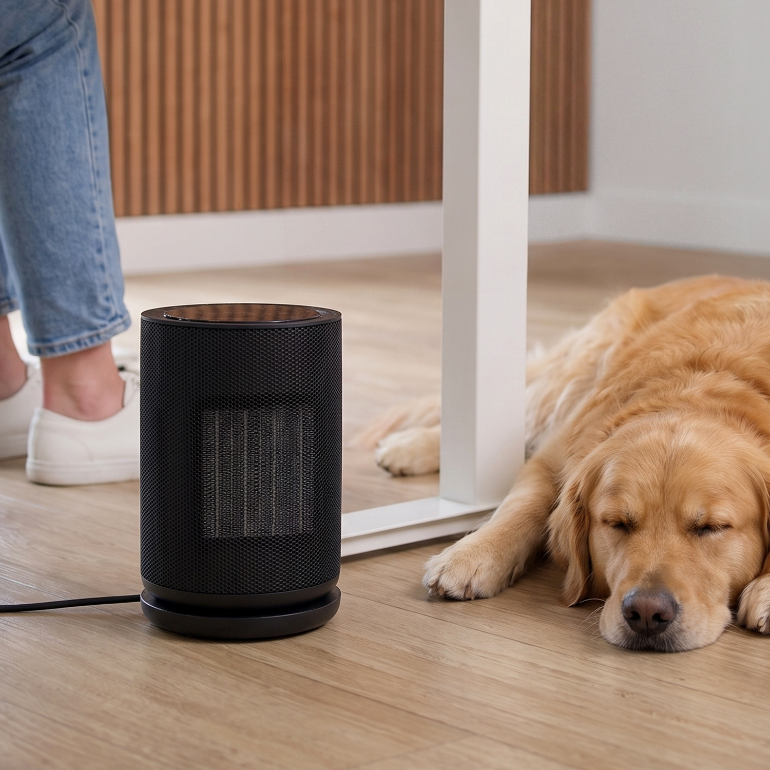 Ein schwarzer, zylindrischer Heizlüfter auf Holzboden neben einem schlafenden Golden Retriever und Beinen.