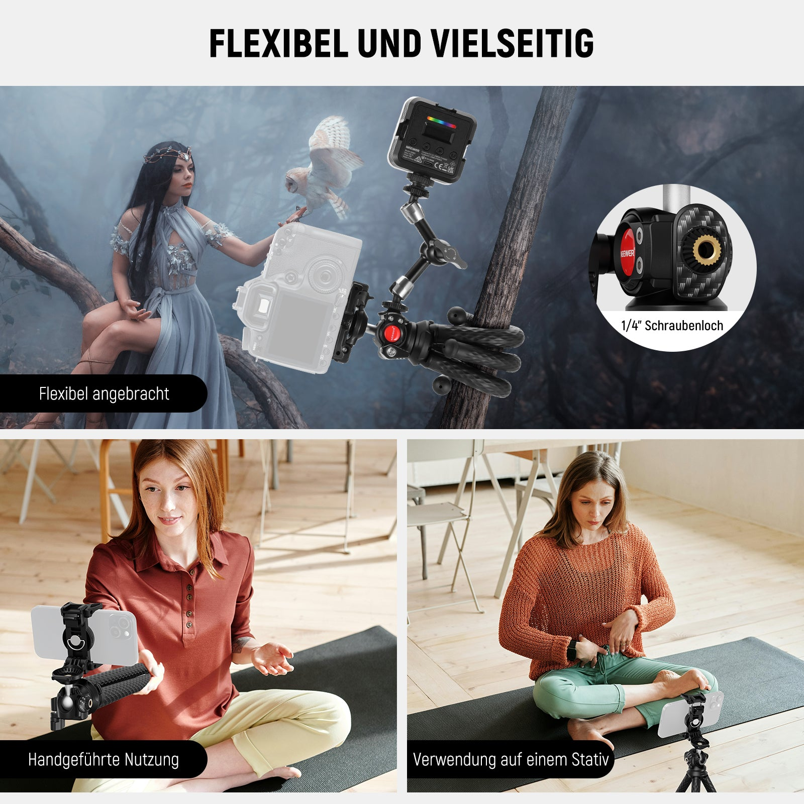 Flexibles Stativ für Kameras und Handys in verschiedenen Anwendungen mit einer Frau und Waldhintergrund.