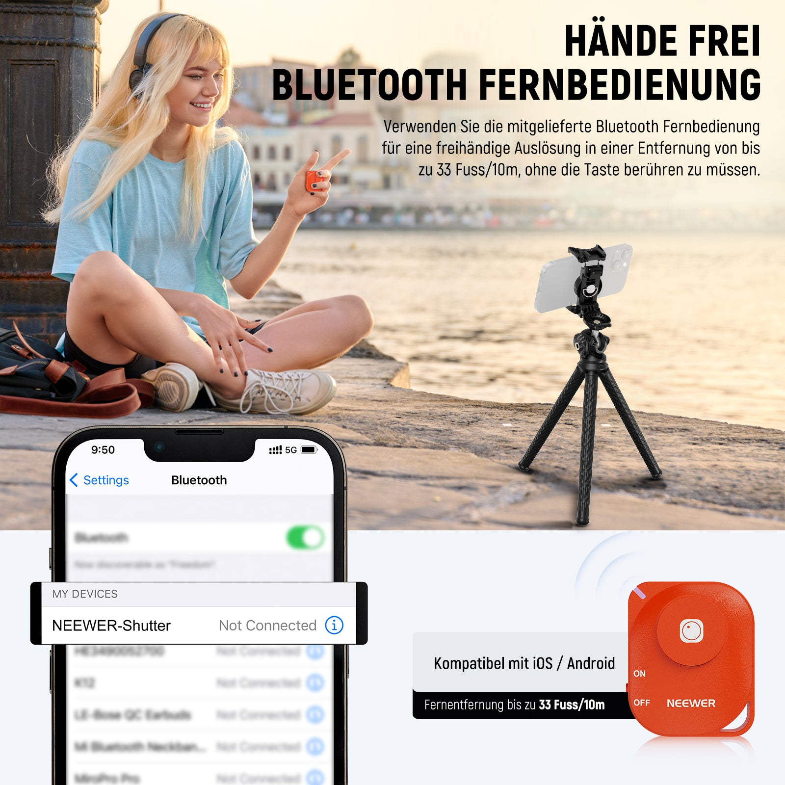 Eine blonde Frau sitzt am Wasser mit einem Smartphone auf einem Stativ und hält eine orange Fernbedienung.