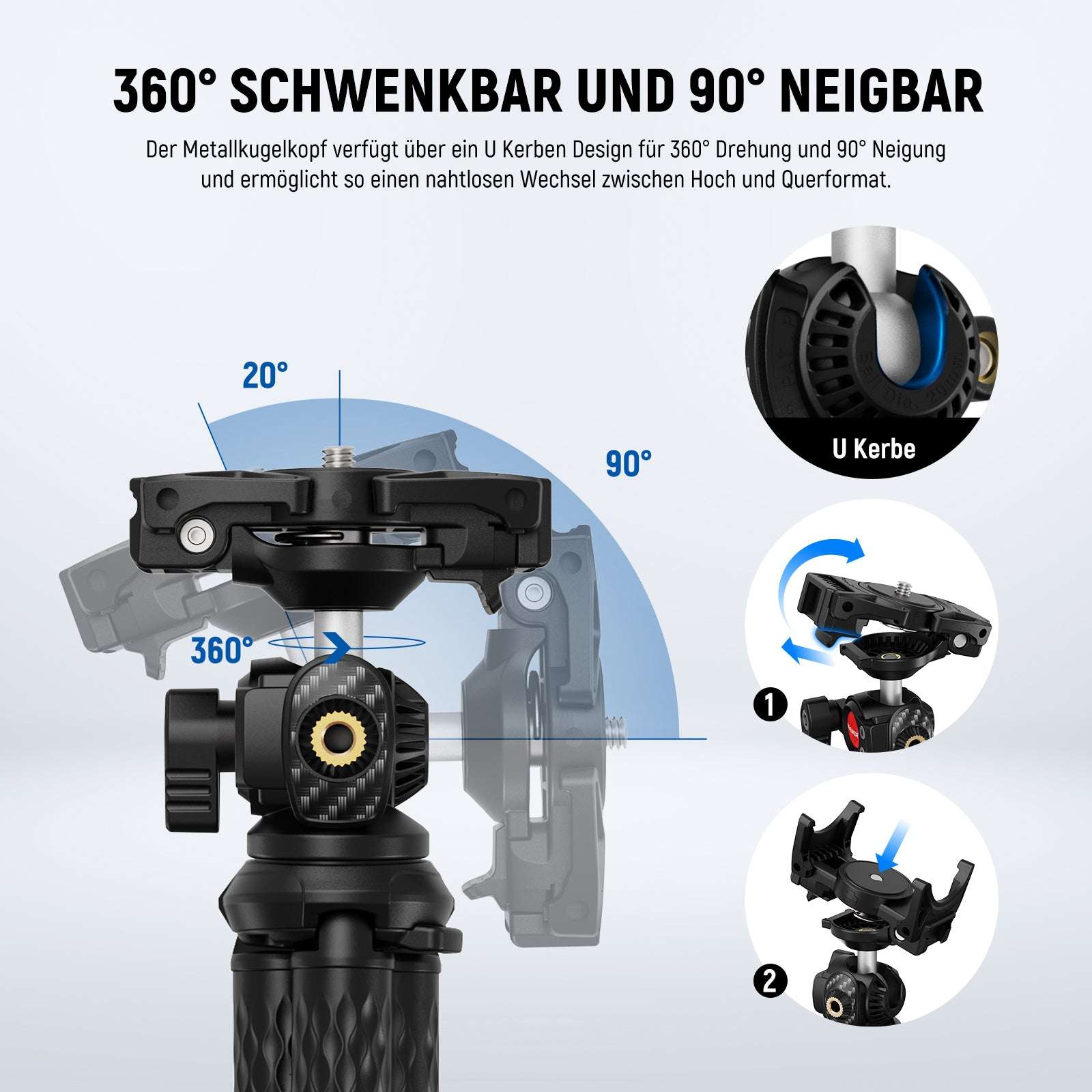Diagramm zeigt Kamerastativ mit 360 Grad Schwenk- und 90 Grad Neigefunktion.