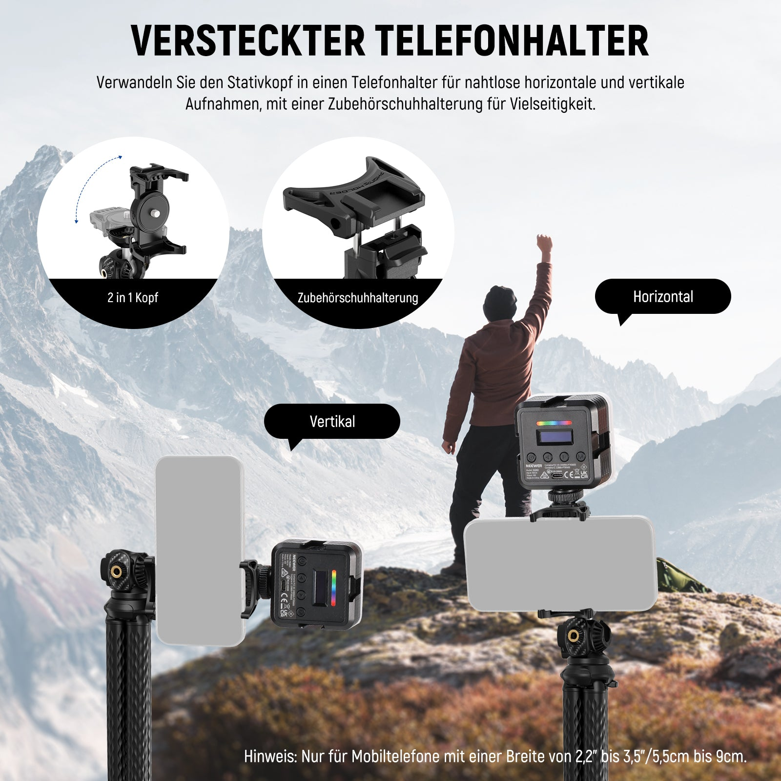 Produktwerbung für einen Stativ-Telefonhalter mit vertikalen und horizontalen Aufnahmen.