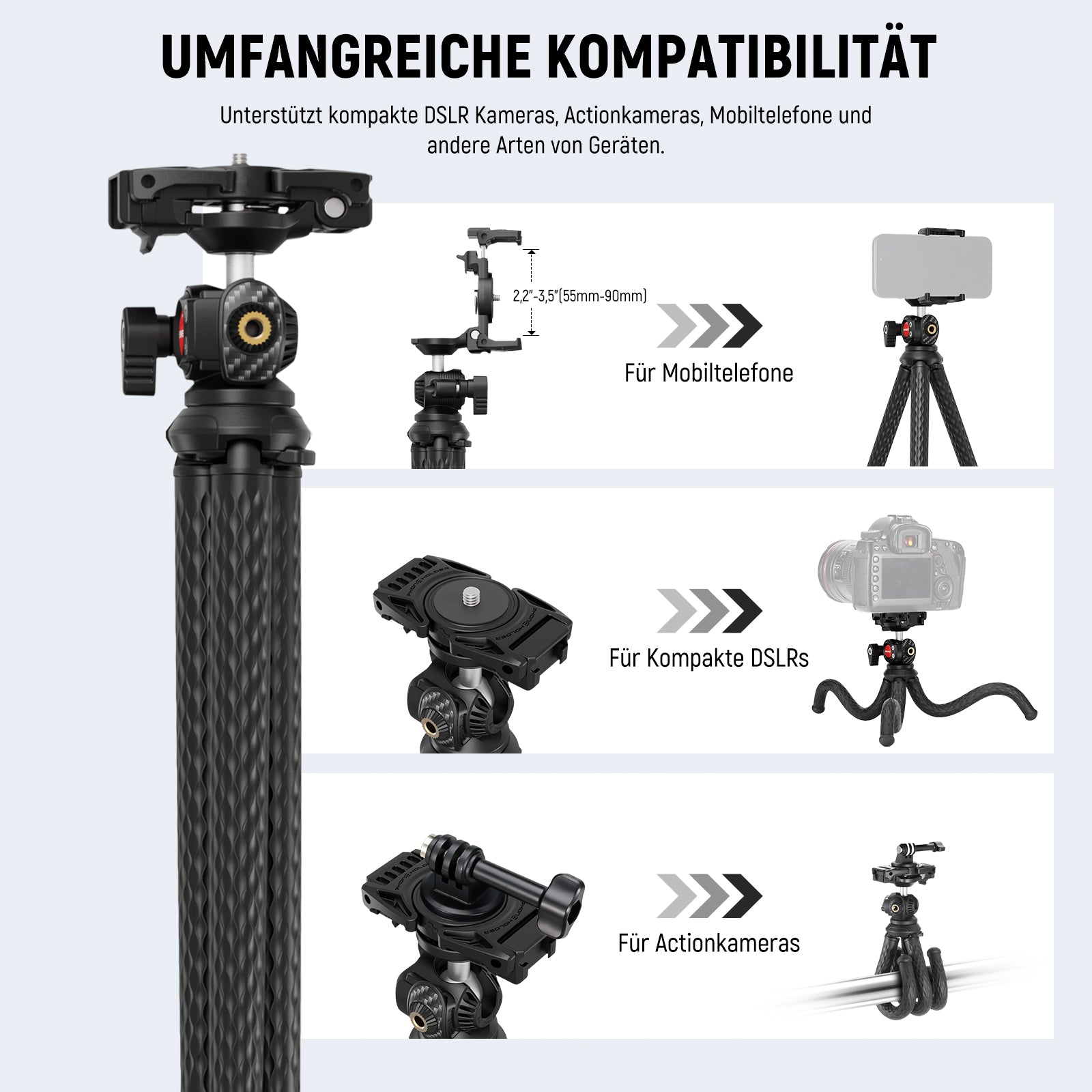 Flexibles Stativ mit Handy-, DSLR- und Actioncam-Halterungen auf weißem Hintergrund.