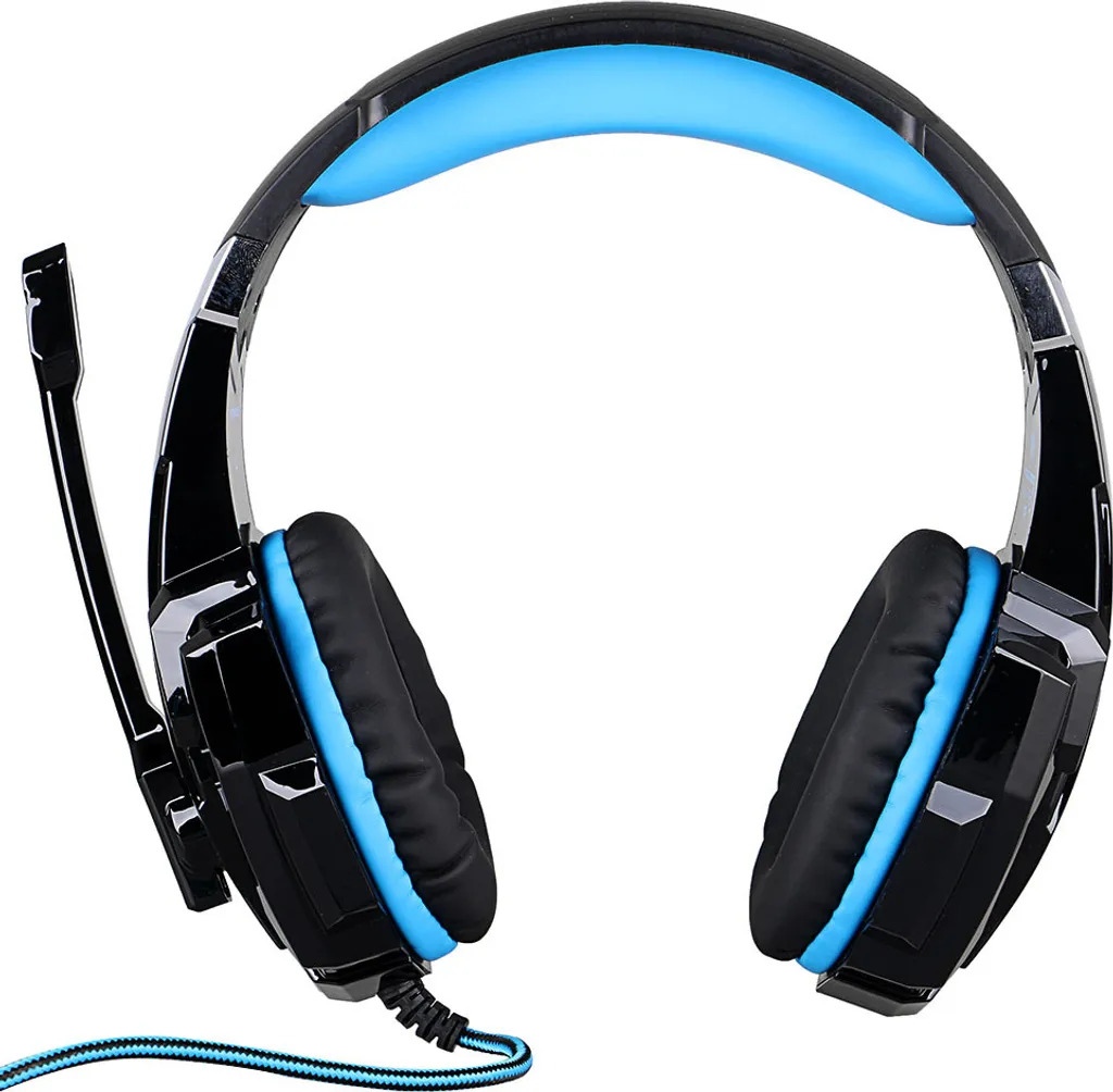 Schwarze Gaming-Kopfhörer mit blauem Kopfbügel, blauen Ohrpolstern und angebautem Mikrofon auf weißem Hintergrund.