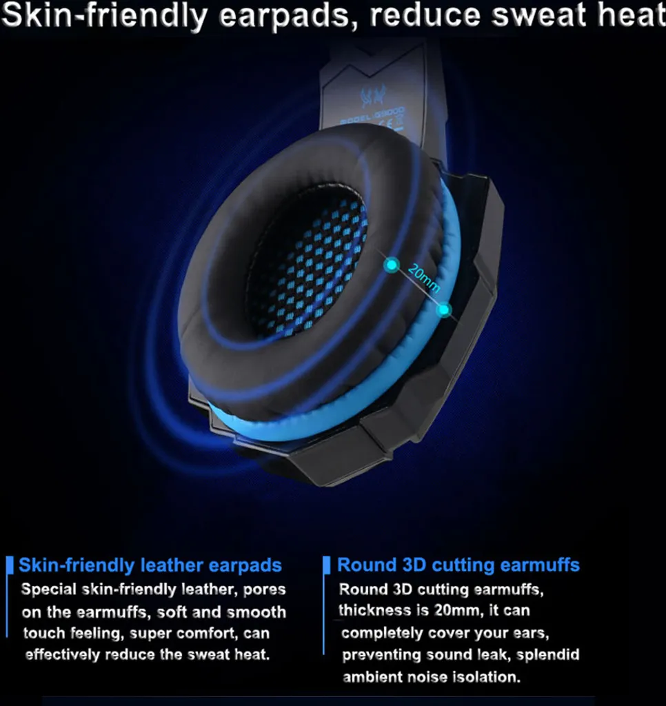Gaming-Kopfhörer mit 20mm dicken, hautfreundlichen und blauen Ohrmuscheln gegen Wärme.