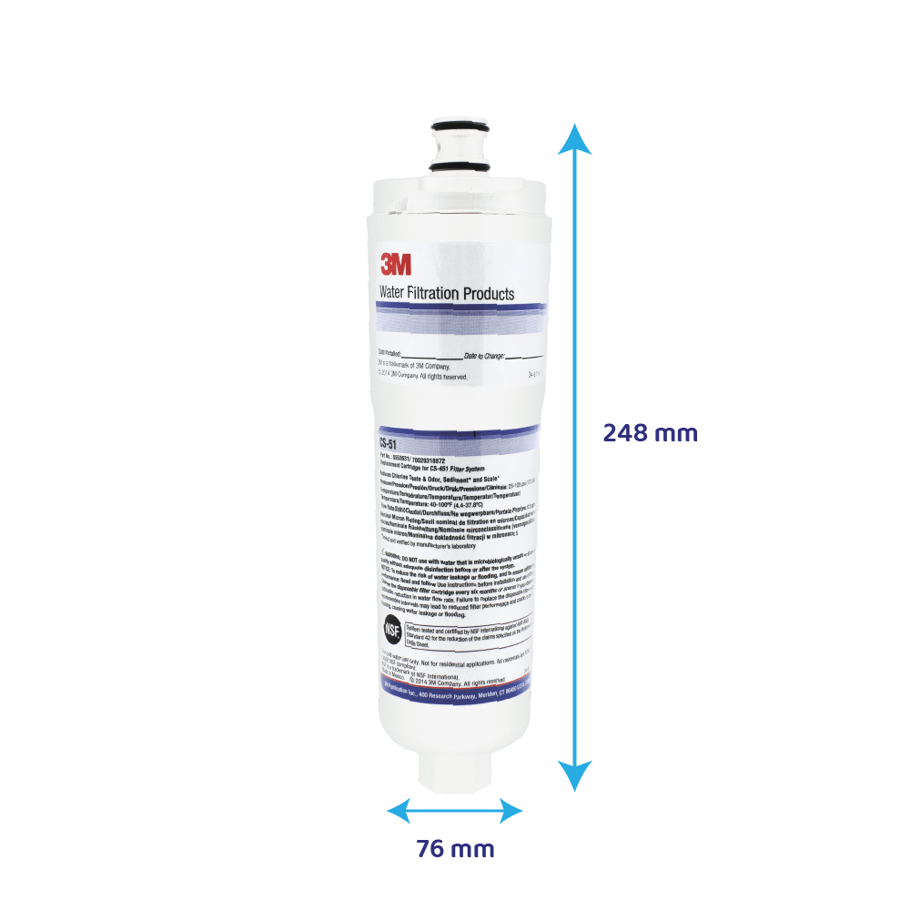 3M Wasserfilterkartusche mit Maßangaben von 248 mm Höhe und 76 mm Breite vor weißem Hintergrund.