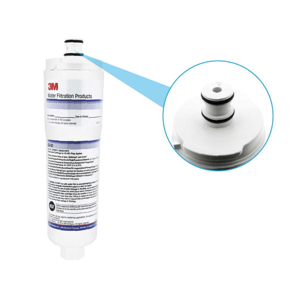 3M Wasserfilterkartusche mit einer Nahaufnahme des oberen Anschlusses mit Dingen.