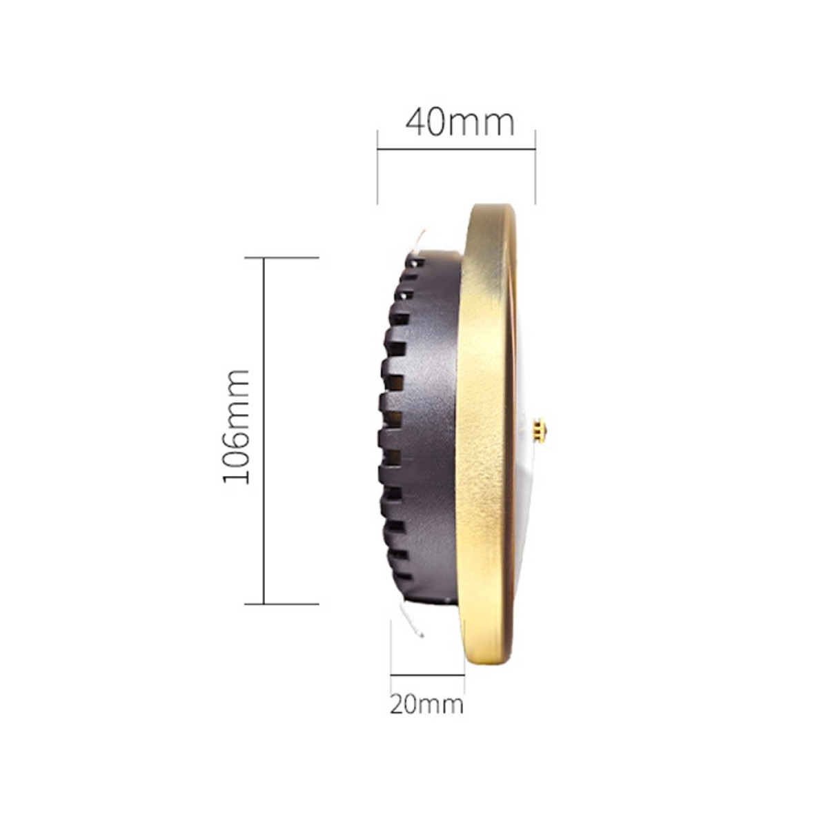 Seitenansicht einer runden Leuchte mit Maßangaben von 40 mm, 106 mm und 20 mm.