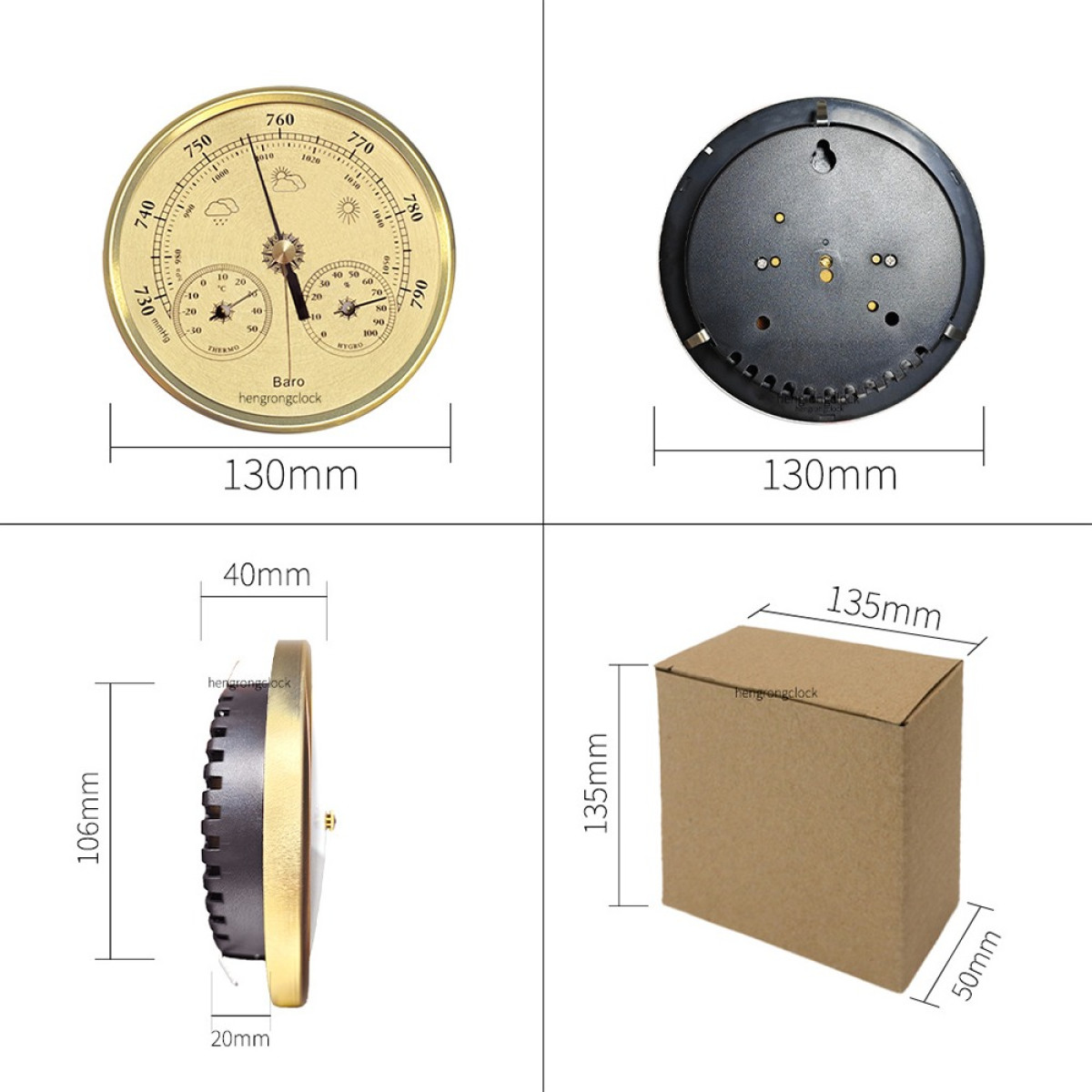 Vier Ansichten eines runden Barometers mit Maßangaben und Verpackungskarton.