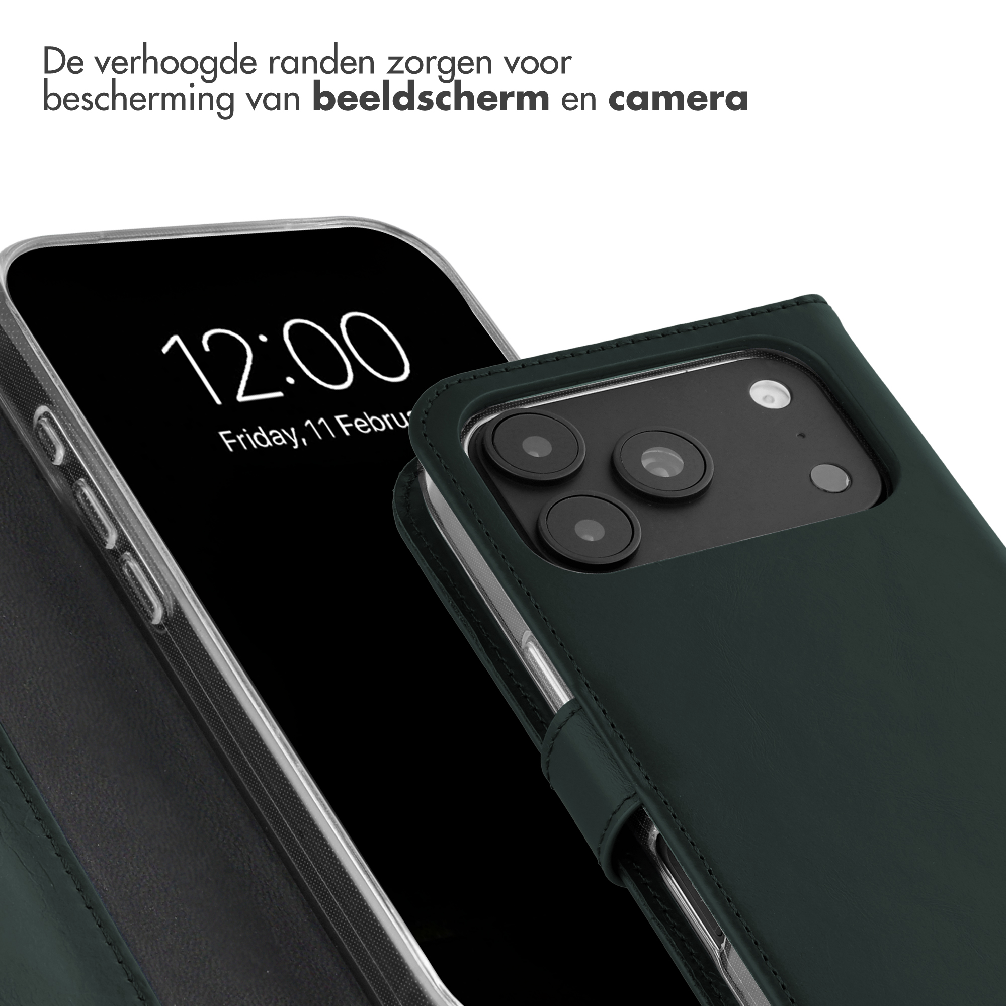 Ein Smartphone in einer dunkelgrünen Ledertasche zeigt Bildschirm und Kamera mit Text über erhöhte Schutzränder.
