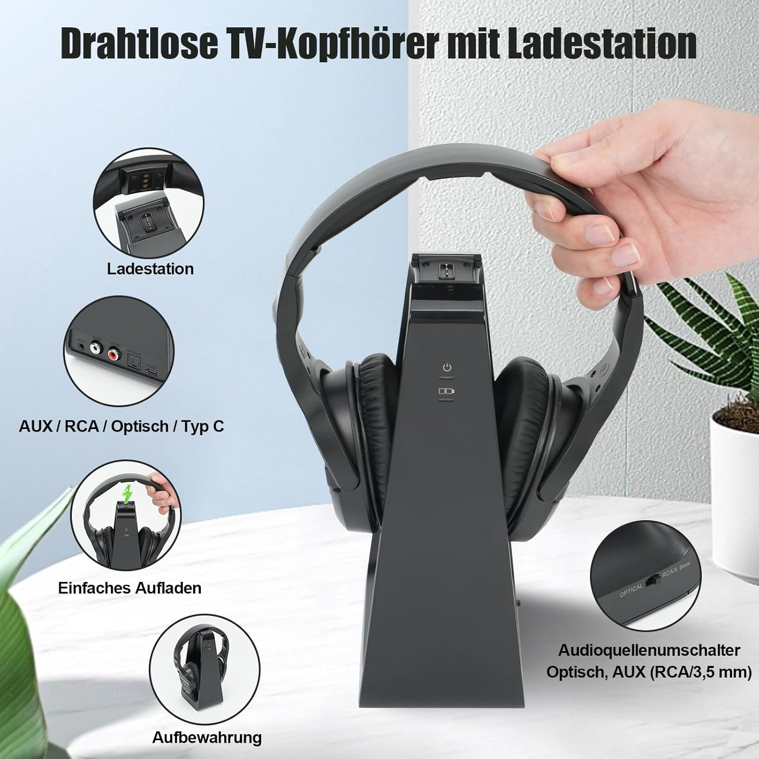 Hand hält schwarze TV-Kopfhörer über deren Ladestation, umgeben von Detailansichten.