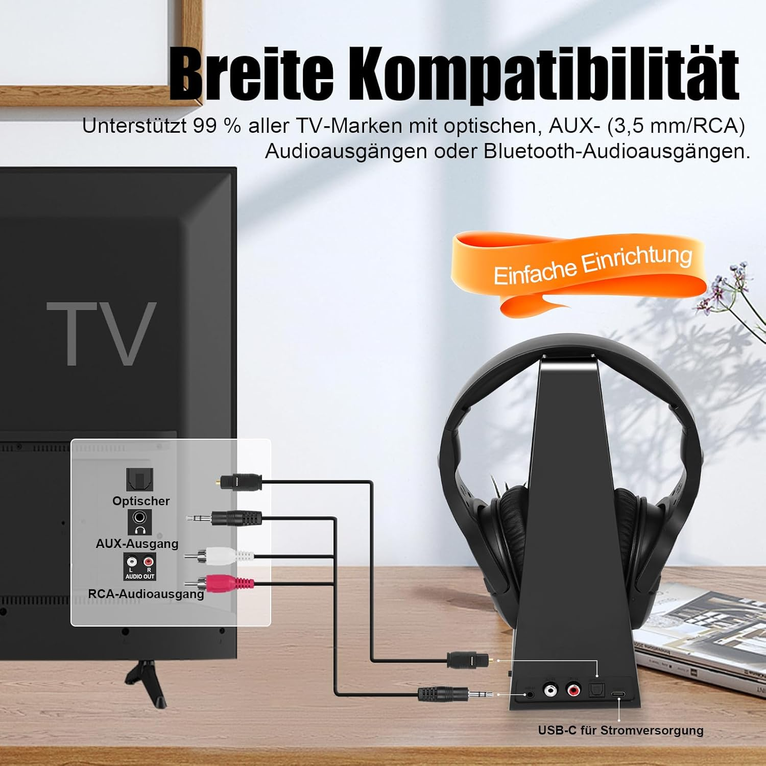 Kopfhörer auf einem Ständer mit Kabelverbindung zu den Anschlüssen eines Fernsehers.