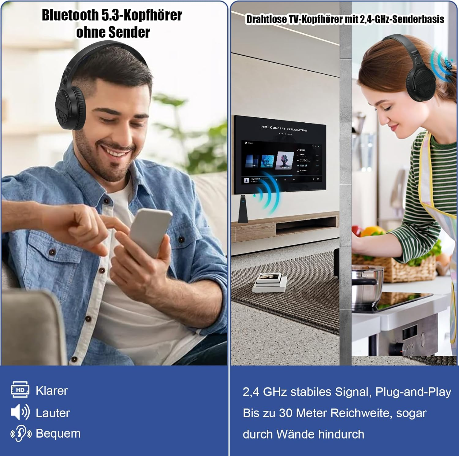 Geteiltes Bild: Links ein Mann mit Kopfhörern am Smartphone, rechts eine Frau mit Kopfhörern beim Kochen.