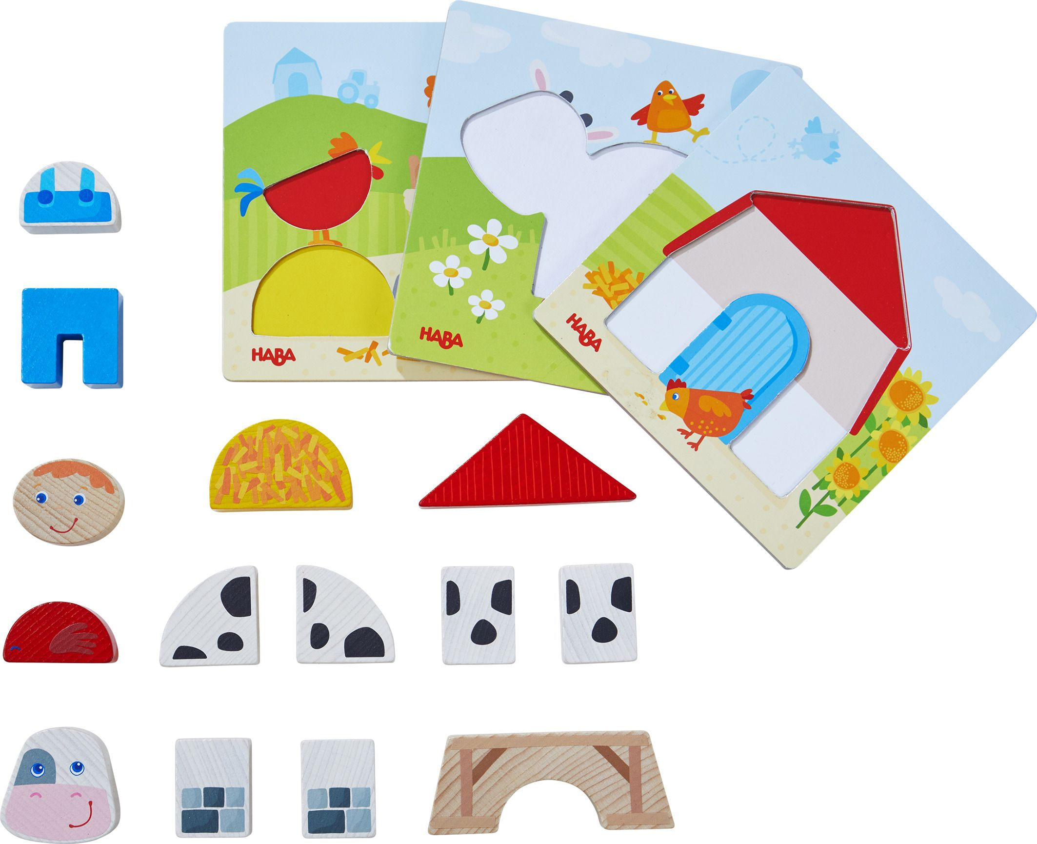 Holzspielzeug mit bunten Puzzlekarten und passenden geometrischen Holzformen zu Bauerhofthemen.