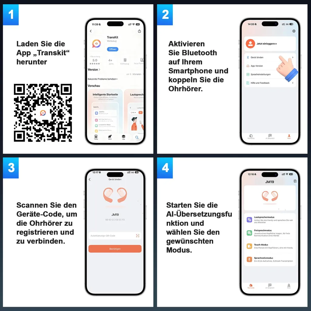 Vier Schritte zur Einrichtung der TransKit-App mit QR-Code, Bluetooth-Kopplung und AI-Übersetzung.