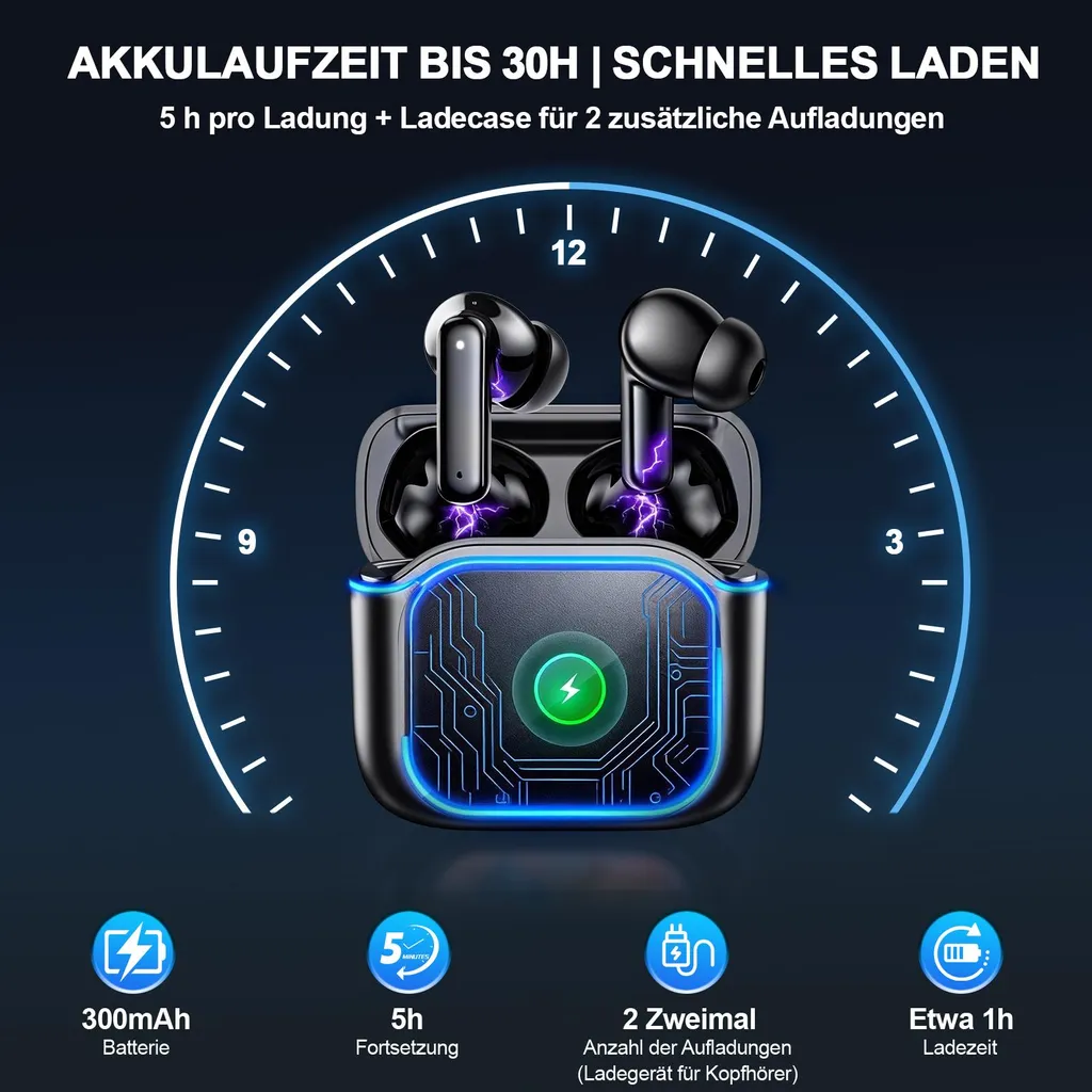 Schwarze Ohrhörer im Ladecase mit blauen Leuchteffekten vor einem Zifferblatt und Akku-Infos.