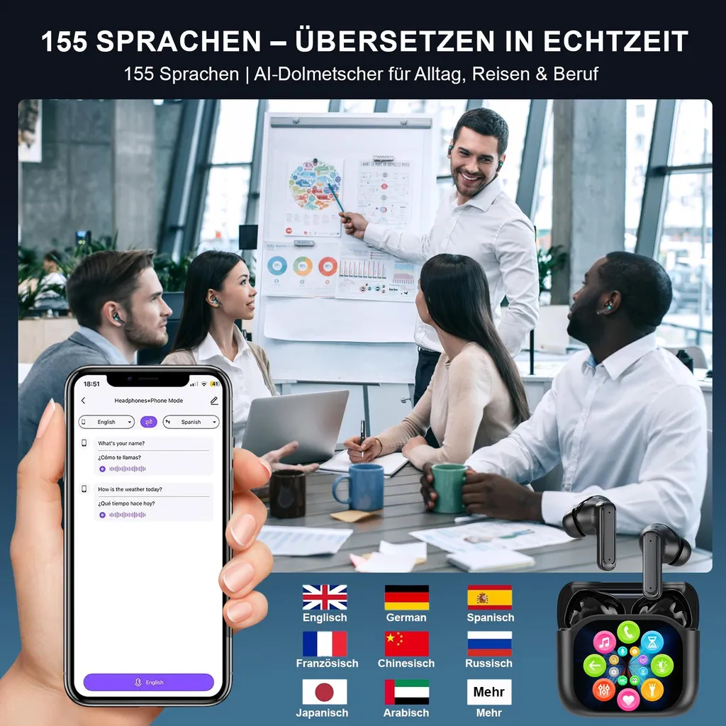 Ein Smartphone zeigt eine Übersetzungs-App, während eine diverse Gruppe an einem Meeting-Tisch im Büro sitzt.