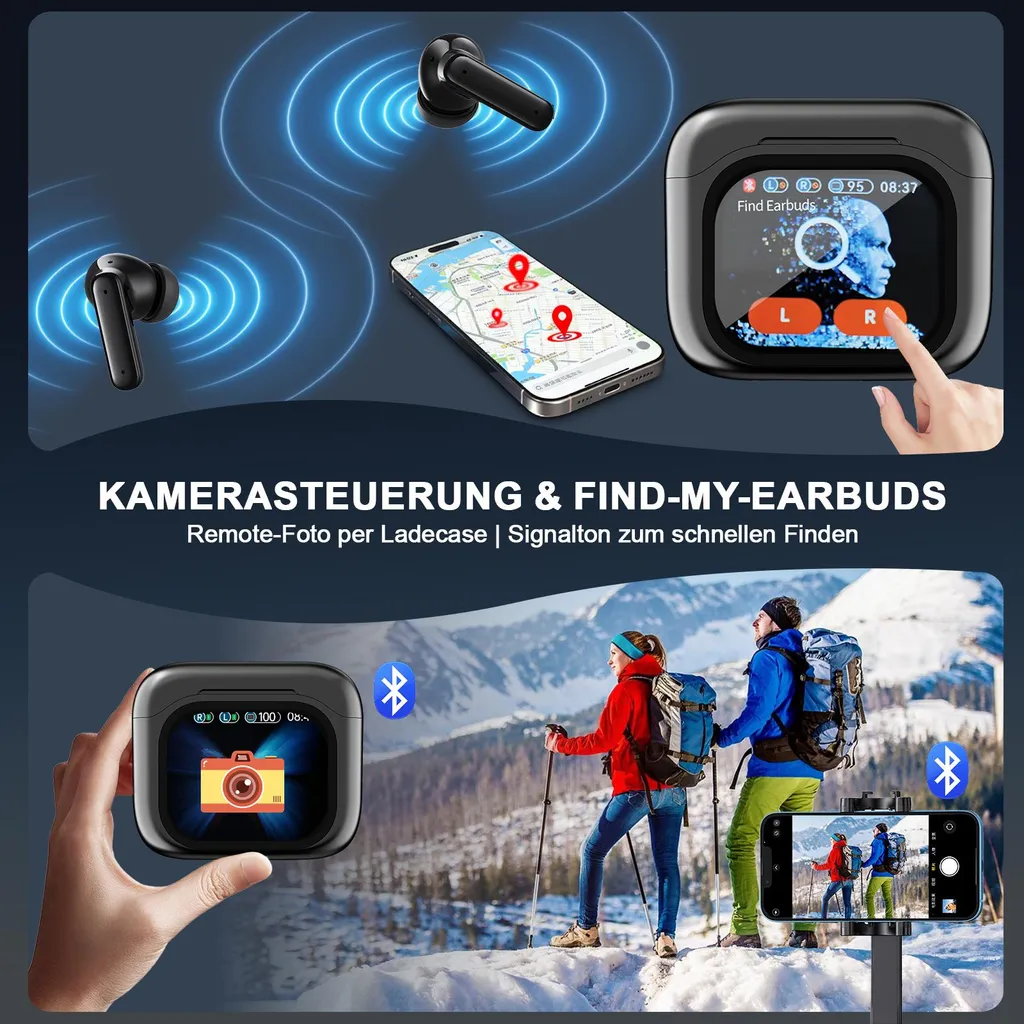Produktwerbung für drahtlose Ohrhörer mit Ladecase, Smartphone-Tracking-Funktion und Kamera-Fernbedienung.