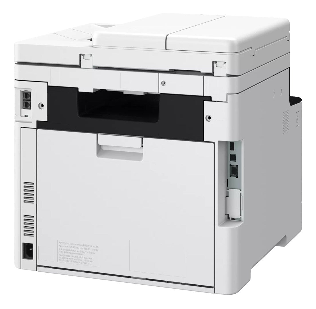 Una stampante multifunzione bianca con alimentatore di documenti e cassetto carta.
