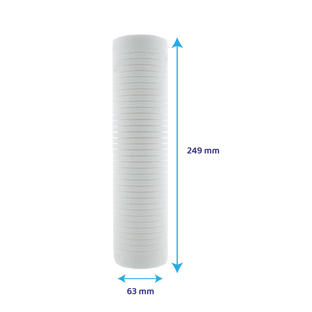 Weißer, zylindrischer Wasserfilter mit Abmessungen von 249 mm Höhe und 63 mm Durchmesser.