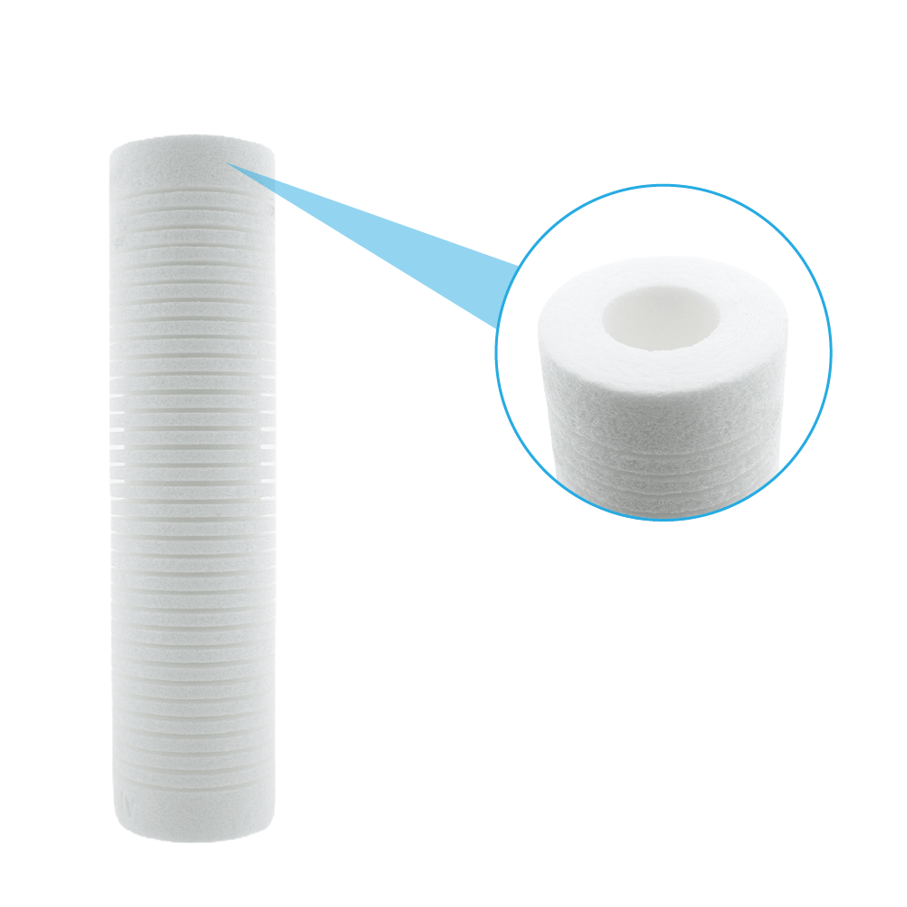 Ein weißer, zylindrischer Wasserfilter mit gerippter Oberfläche und Nahaufnahme des Endes.