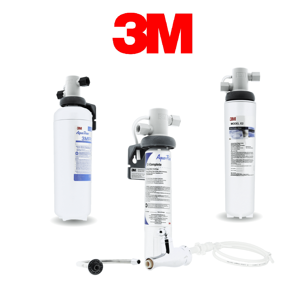 Drei 3M Wasserfiltersysteme vor weißem Hintergrund.