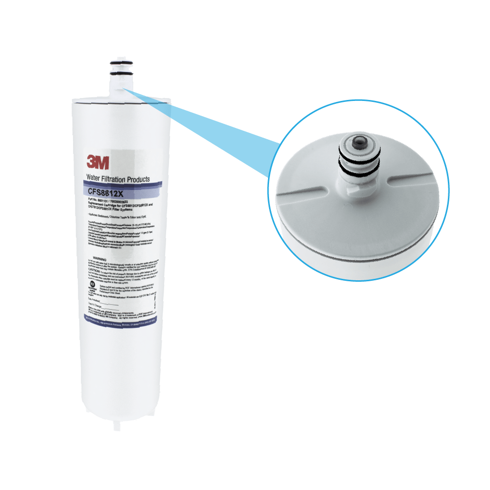 3M Wasserfilterpatrone CFS8812X mit einer Detailaufnahme des Anschlusses in einem blauen Kreis.