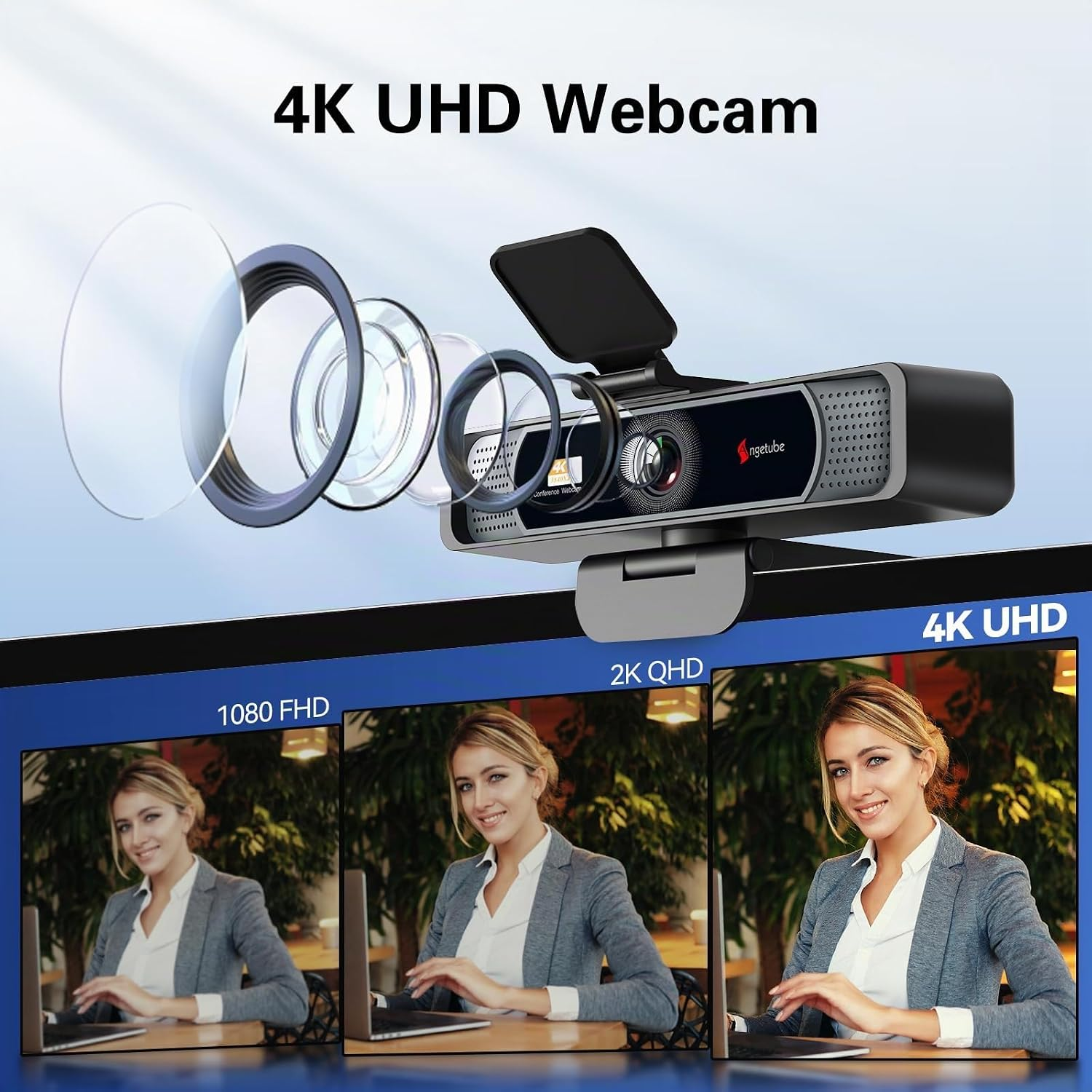 Eine 4K UHD Webcam wird mit einer Explosionsansicht der Linse gezeigt, inklusive Auflösungsvergleichen.