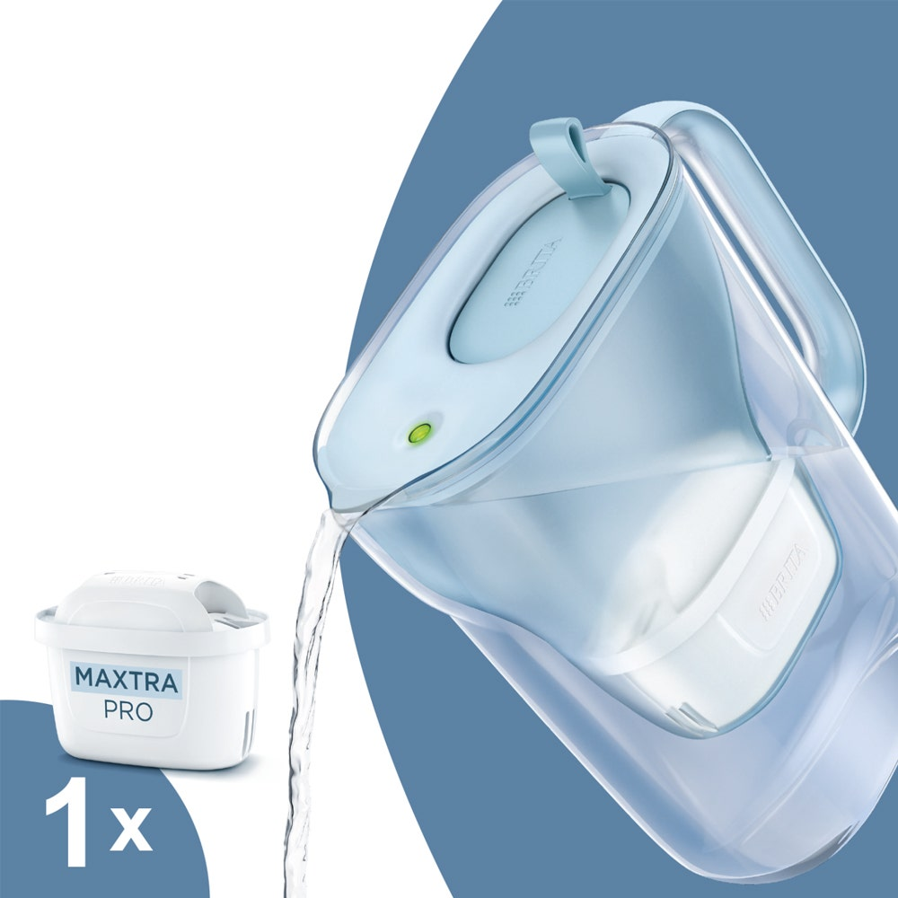 Caraffa filtrante Brita blu che versa acqua con una cartuccia Maxtra Pro accanto su sfondo blu.