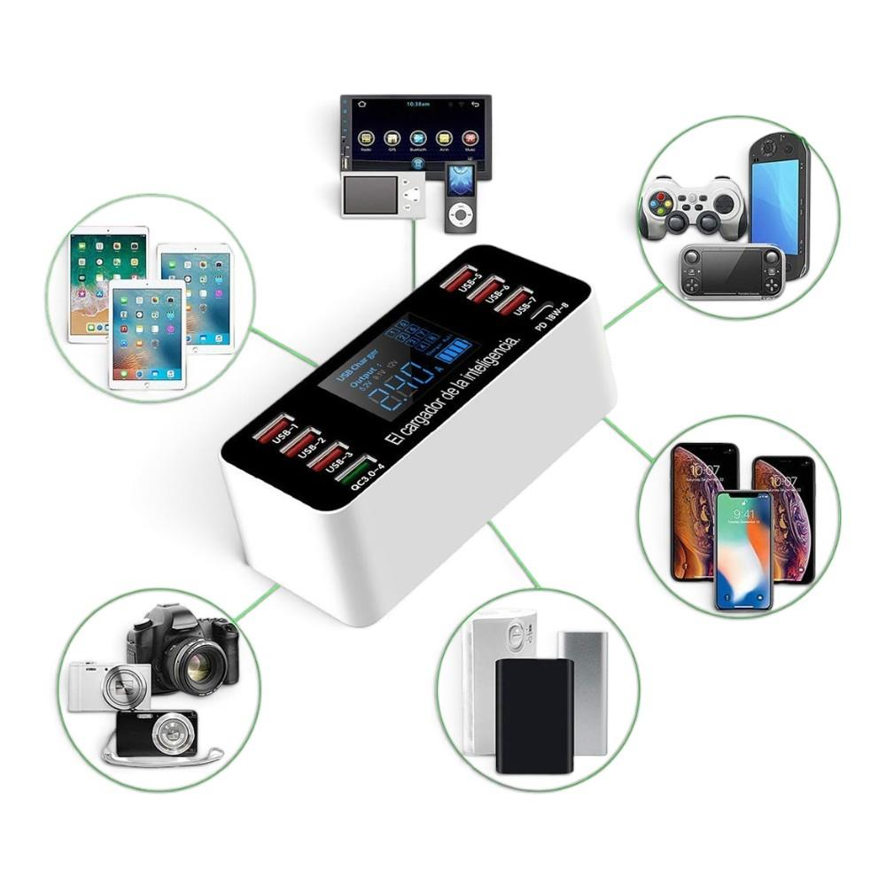 Ortadaki çok portlu bir USB şarj cihazı tabletlere, telefonlara, kameralara ve taşınabilir şarj cihazlarına bağlı.