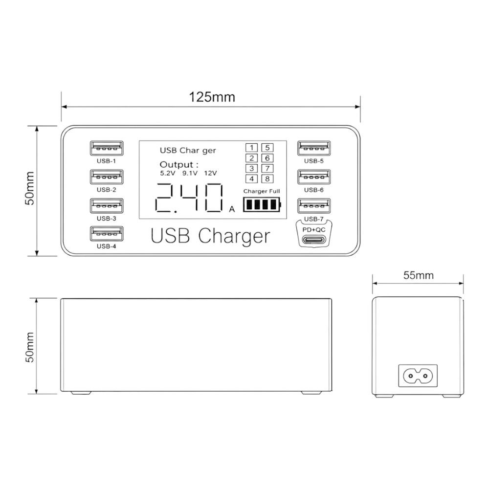 Çoklu USB şarj cihazının ölçülerini gösteren teknik resmi.