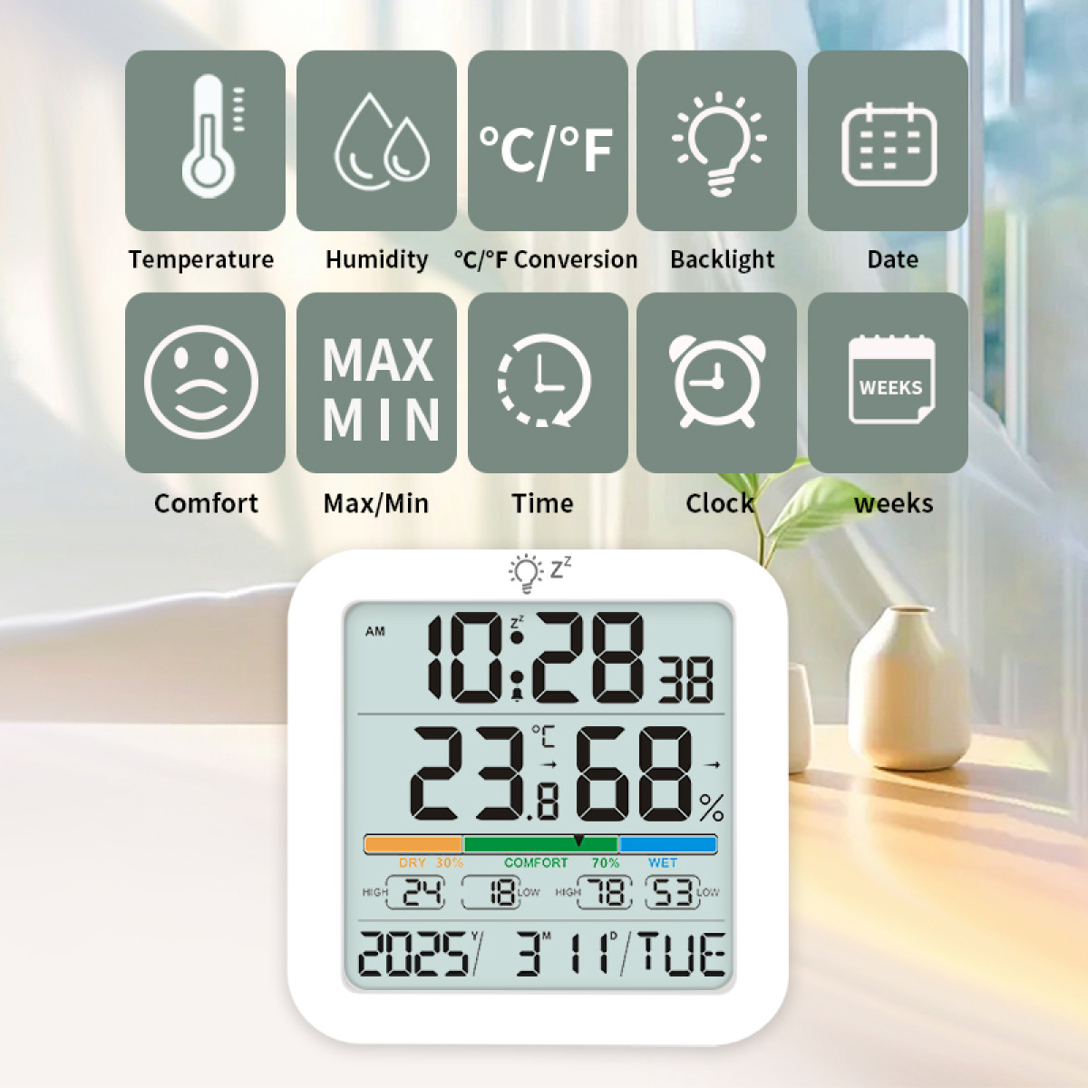 Digitale Wetterstation mit Display, das Uhrzeit, Temperatur, Luftfeuchtigkeit und Datum anzeigt, umgeben von Ikonen.