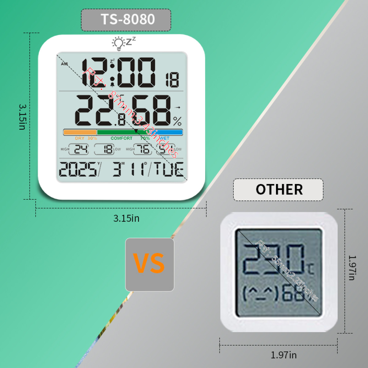 Vergleich zweier digitaler Thermometer und Hygrometer mit Maßangaben.