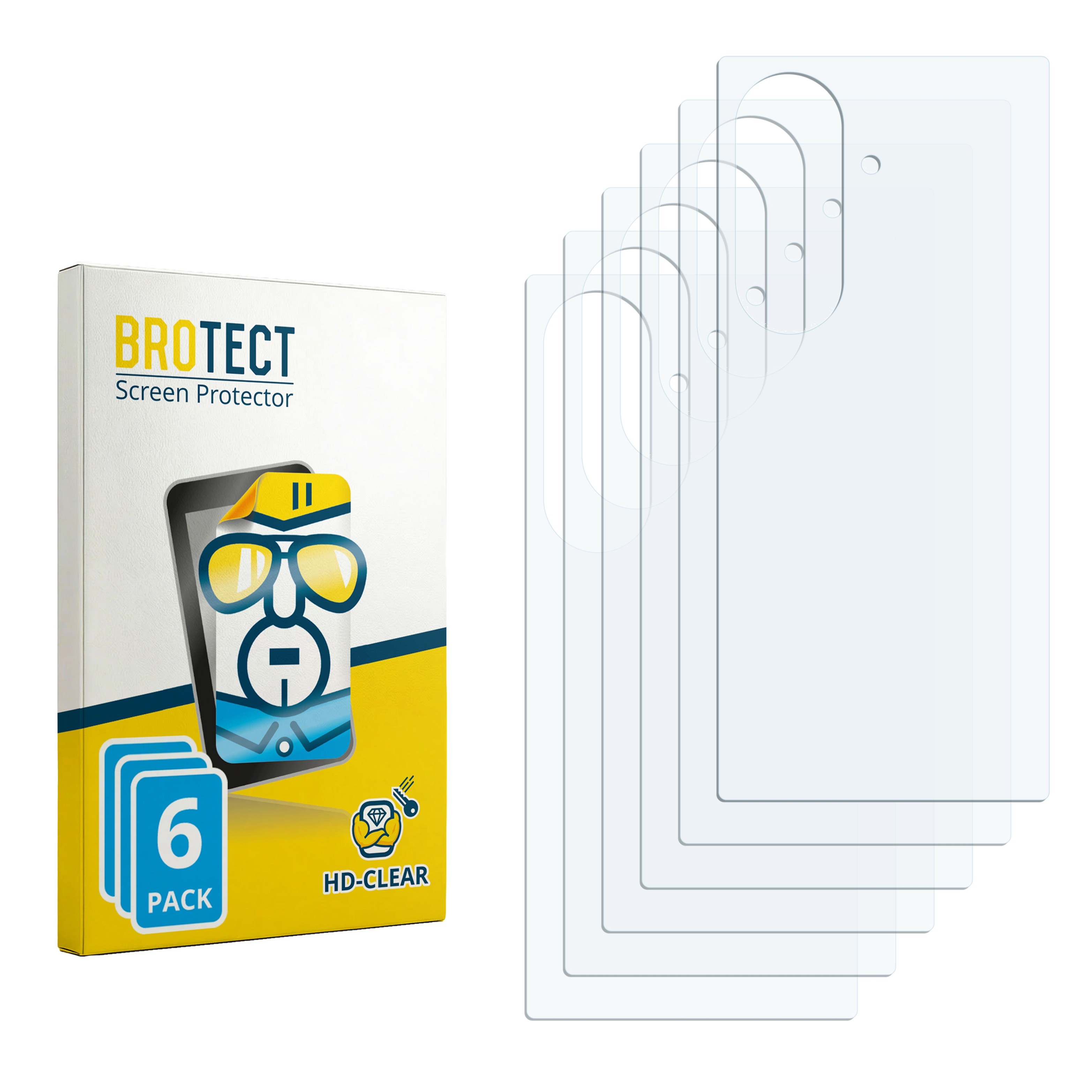 Sechs klare Displayschutzfolien neben der Produktverpackung des Herstellers.